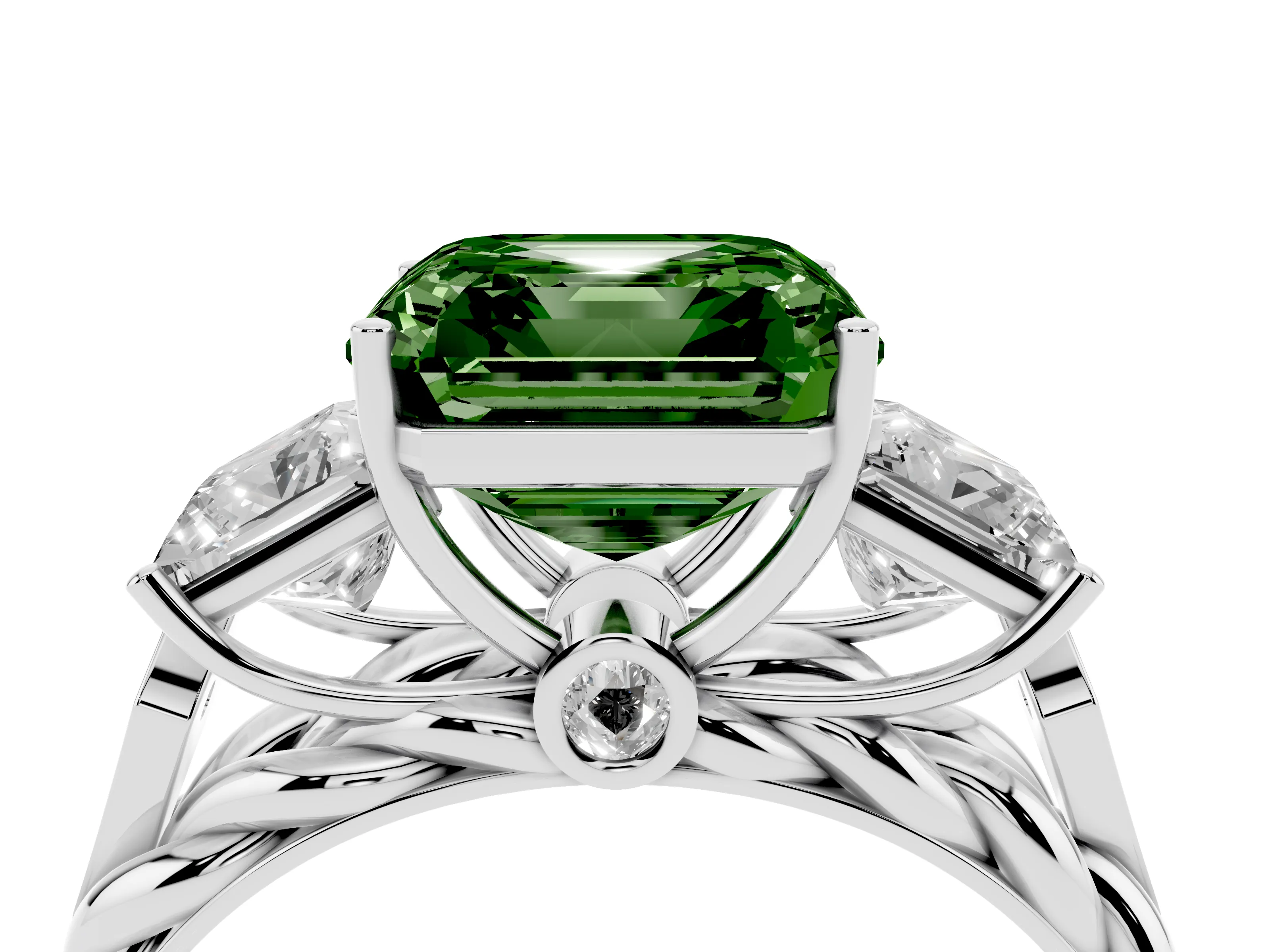 Fancy Green Asscher Cut Diamond Three-Stone Ring Set in White gold with Braided Band