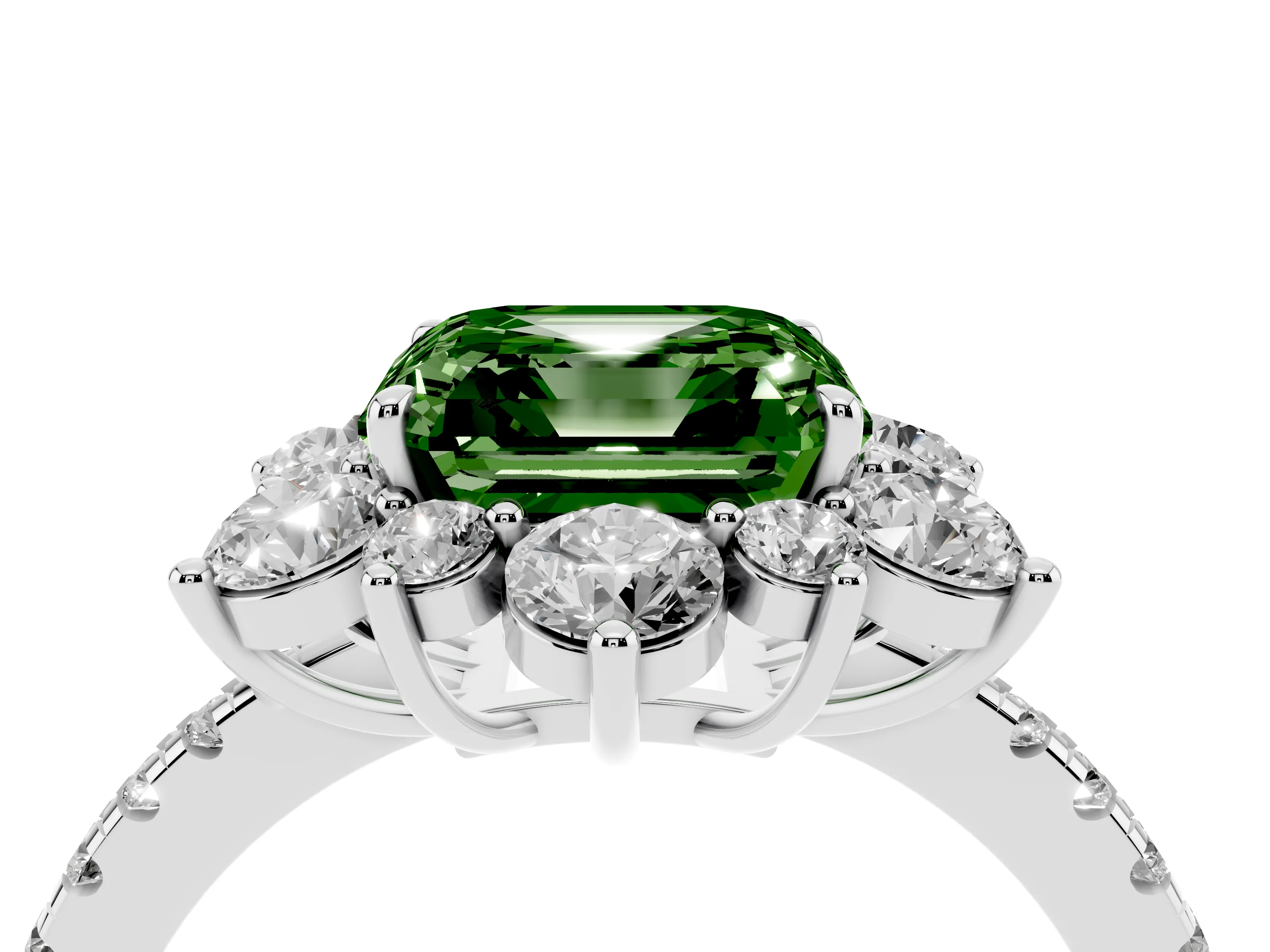 Fancy Green Asscher Cut Diamond Floral Halo Ring Set in Platinum with Round Pavé Band and Prong Setting