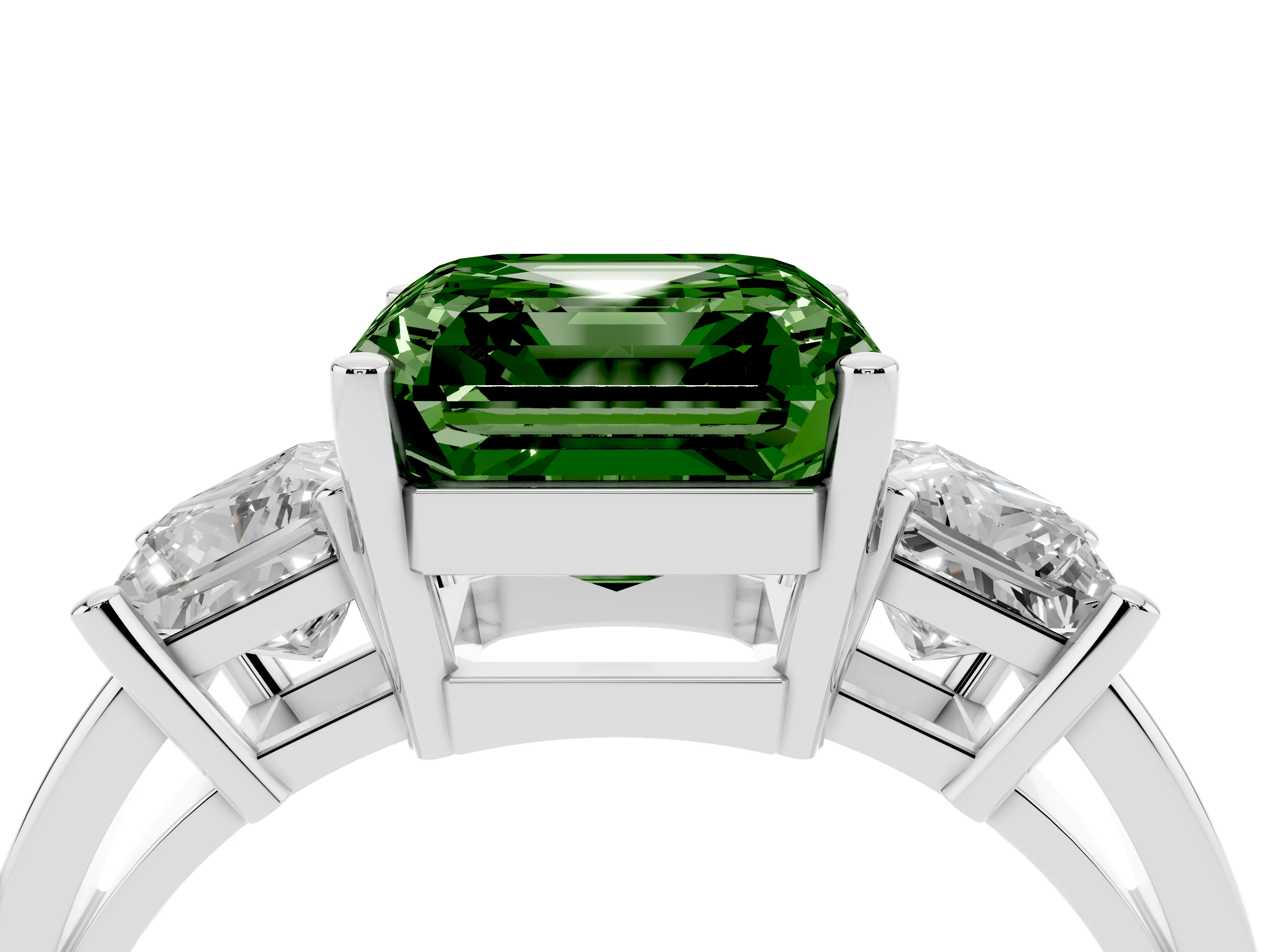 Fancy Green Three-Stone Asscher Cut Diamond Solitaire Ring Set in Silver with Prong Setting