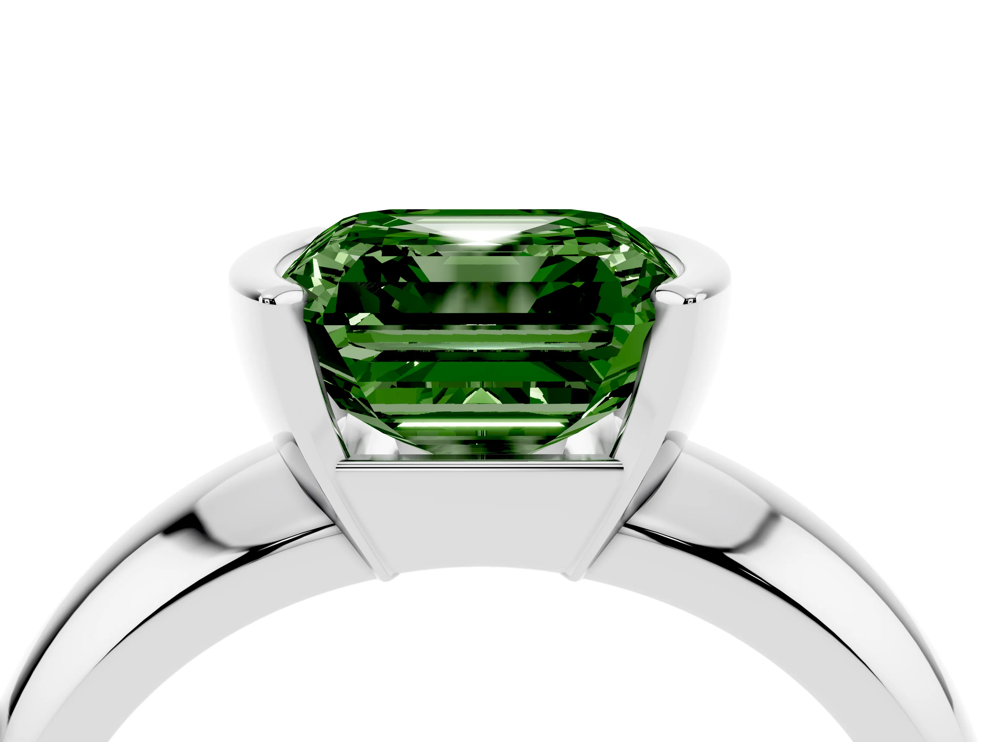 Fancy Green Asscher Cut Diamond Solitaire Tension Set Ring Set in Silver with Wide Band