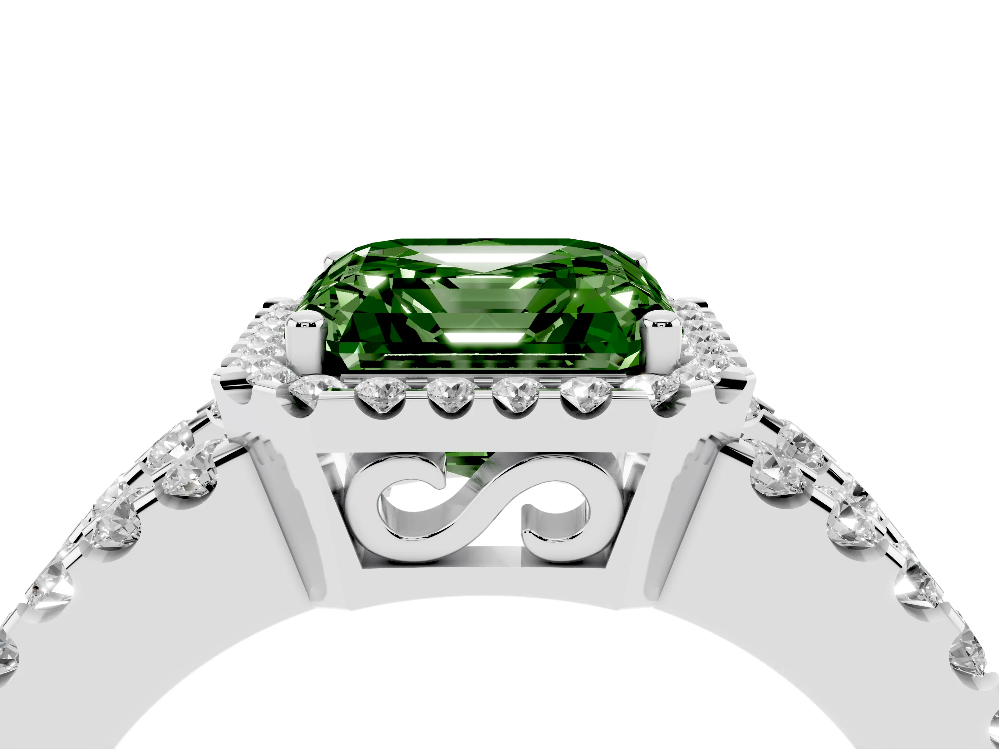 Fancy Green Asscher Cut Diamond Halo Ring Set in Platinum with Pavé Split Shank and Prong Setting
