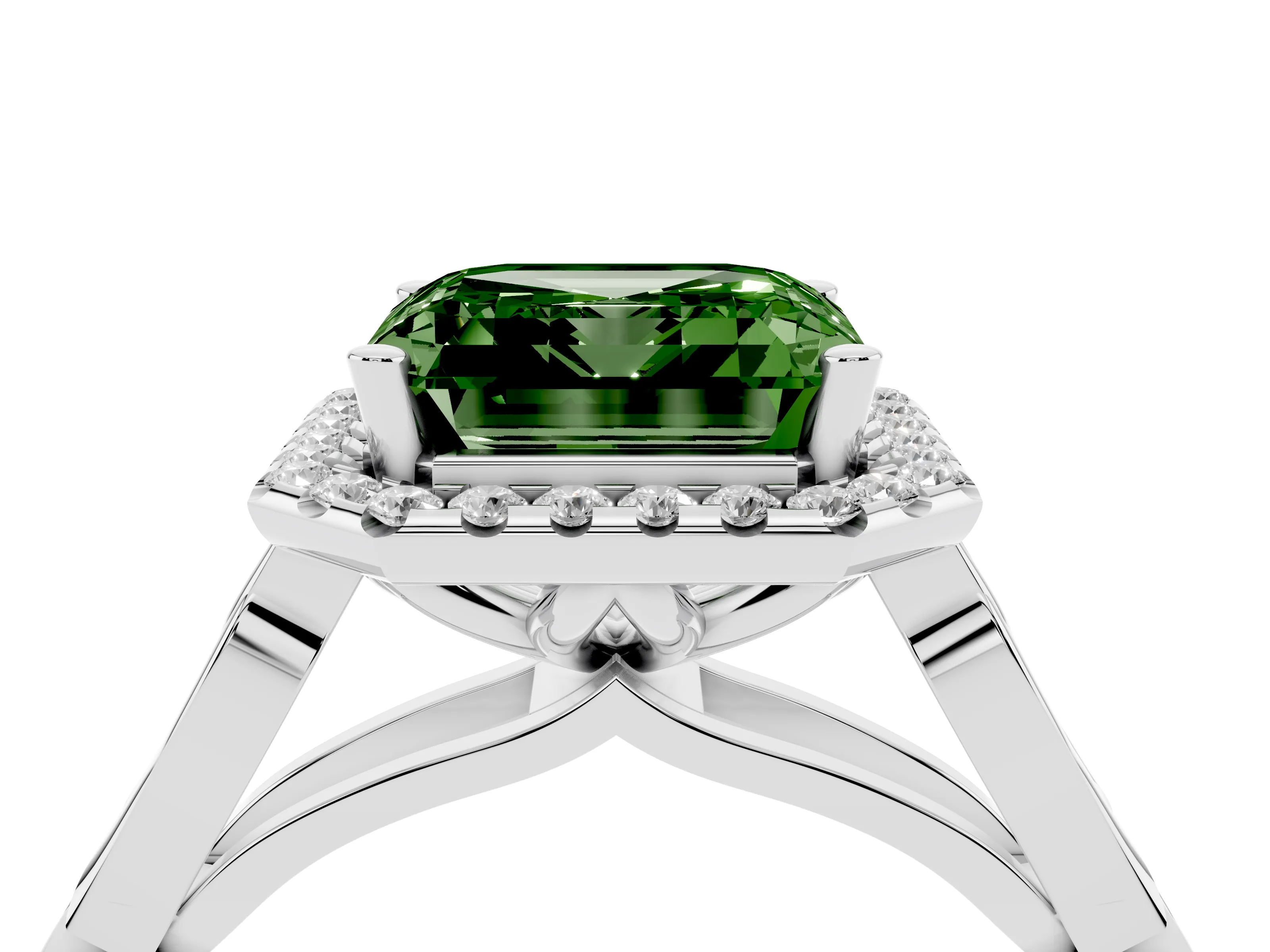 Fancy Green Asscher Cut Diamond Halo Engagement Ring Set in Platinum with Filigree Band and Prong-Set Center