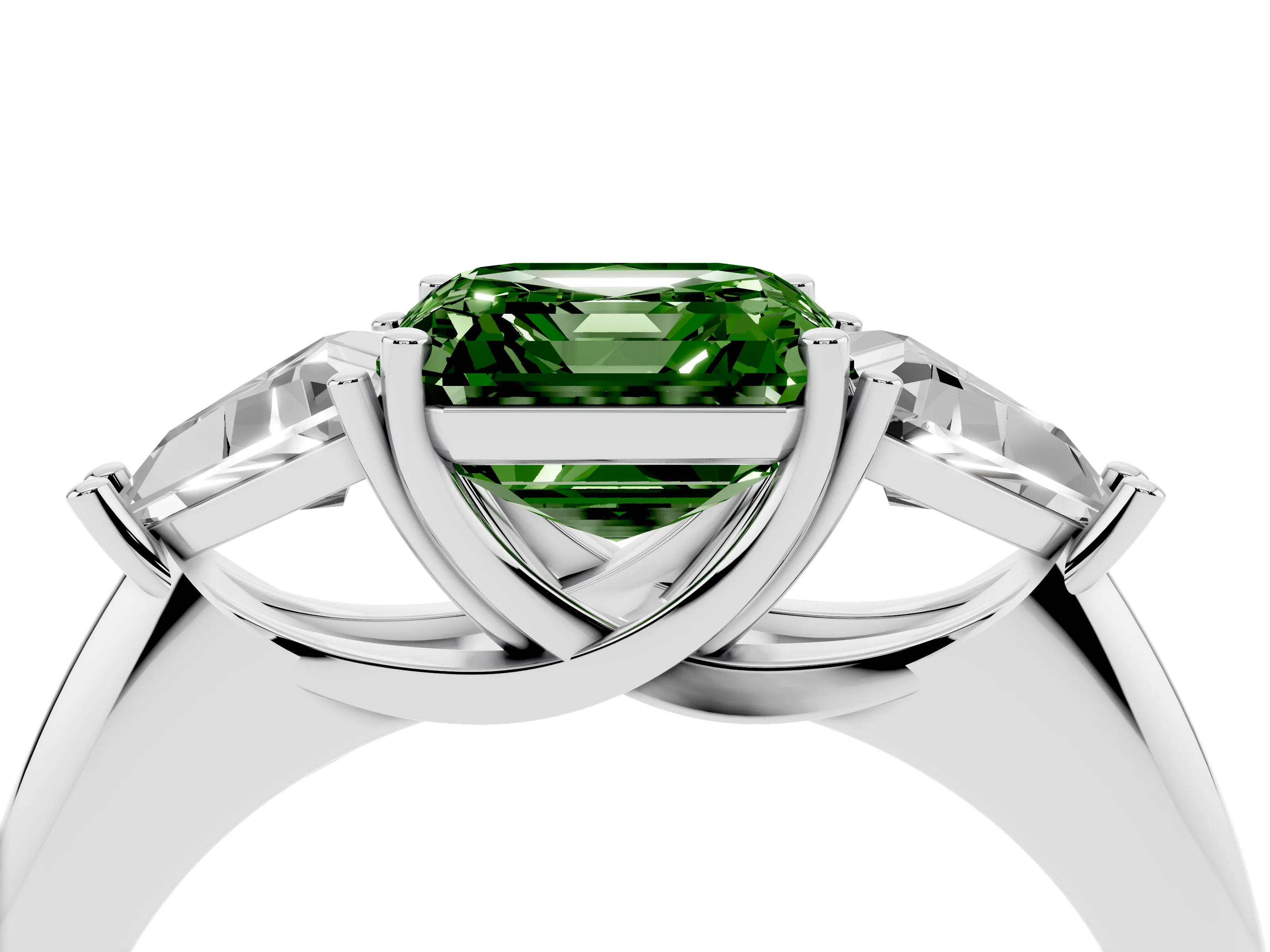 Fancy Green Asscher Cut Diamond Three-Stone Engagement Ring Set in Silver with Trillion Side Stones