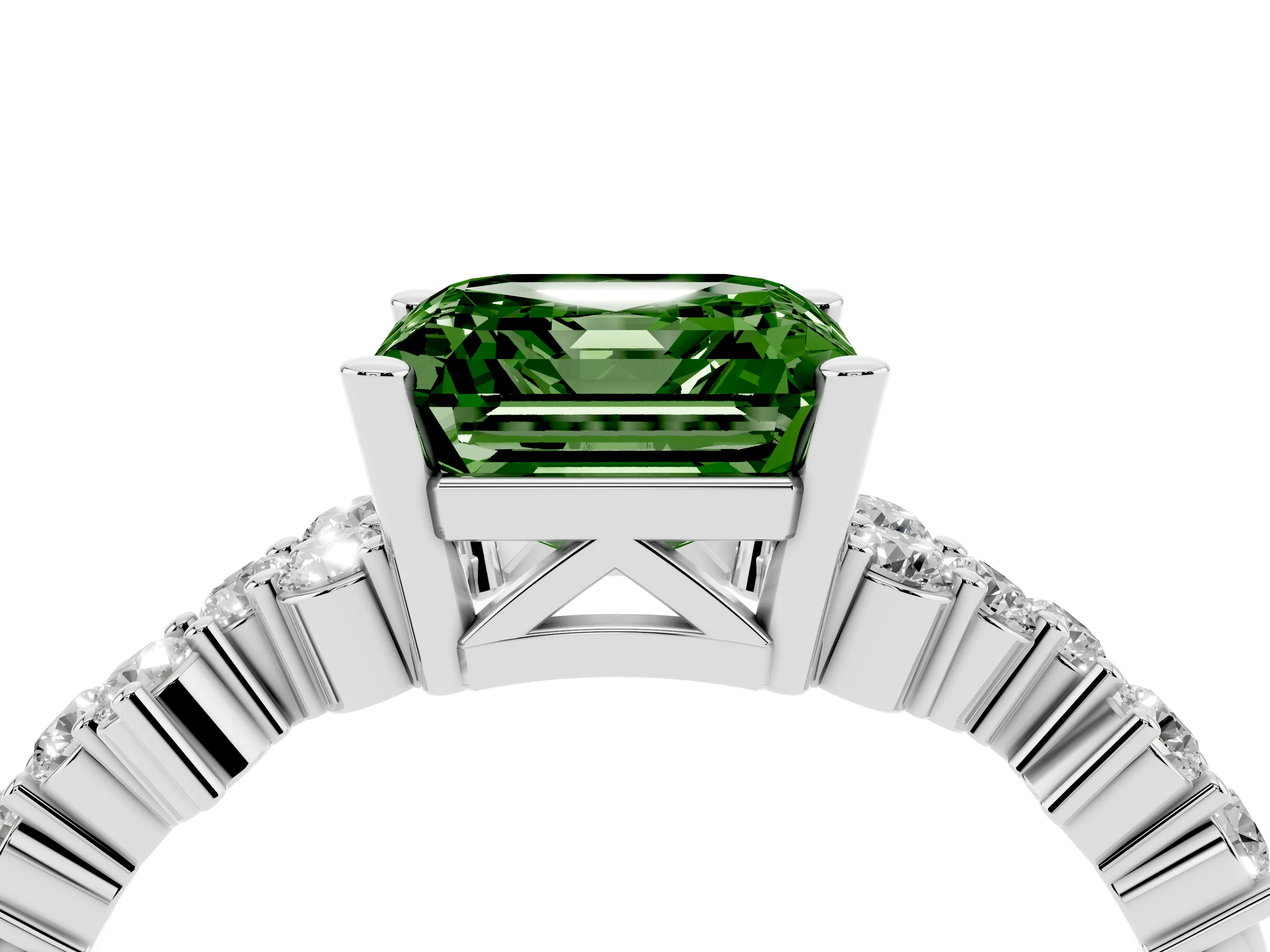 Fancy Green Asscher Cut Diamond Ring Set in Silver with Scattered Round Accents