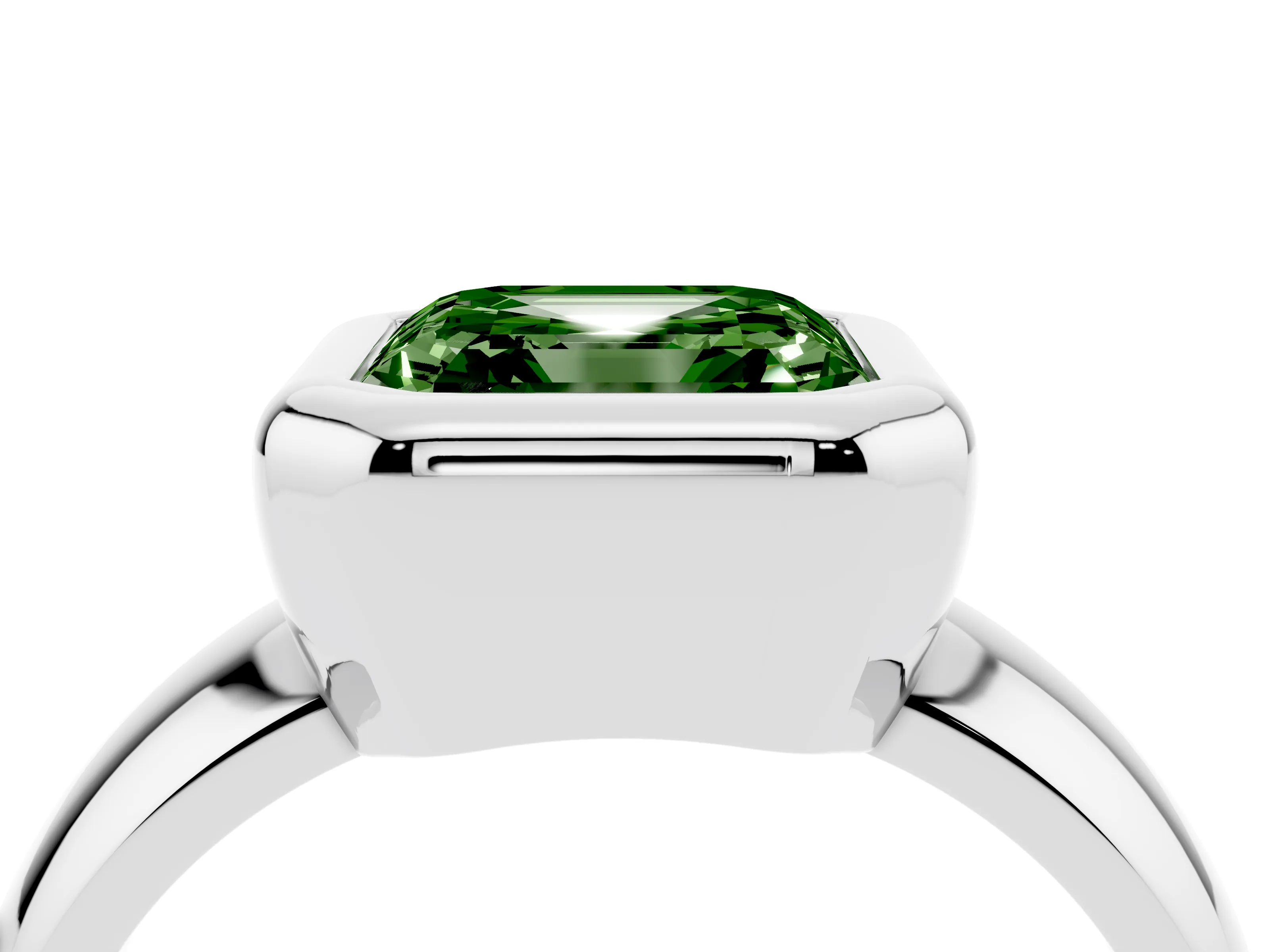 Fancy Green Bezel Set Asscher Cut Diamond Solitaire Ring Set in Silver with Wide Band