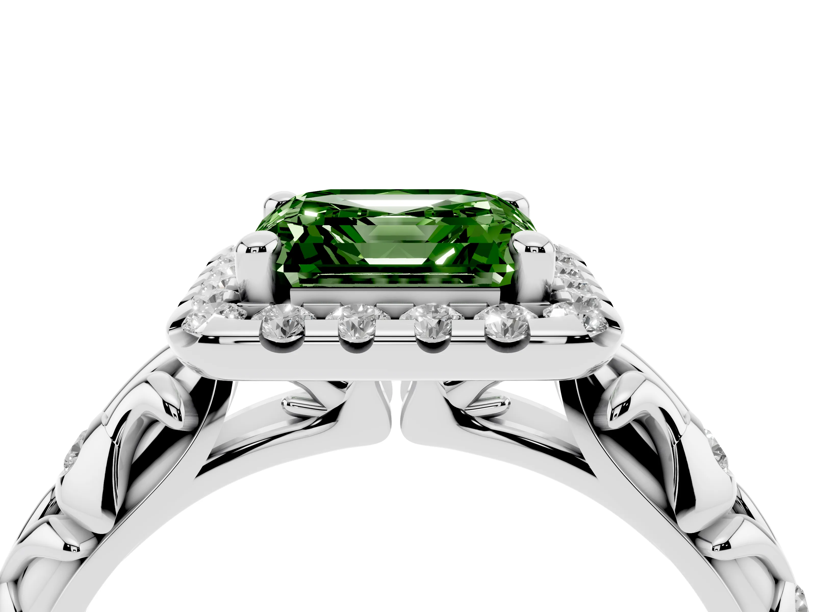 Fancy Green Asscher Cut Diamond Halo Ring Set in Platinum with Filigree Leaf Band and Prong Setting
