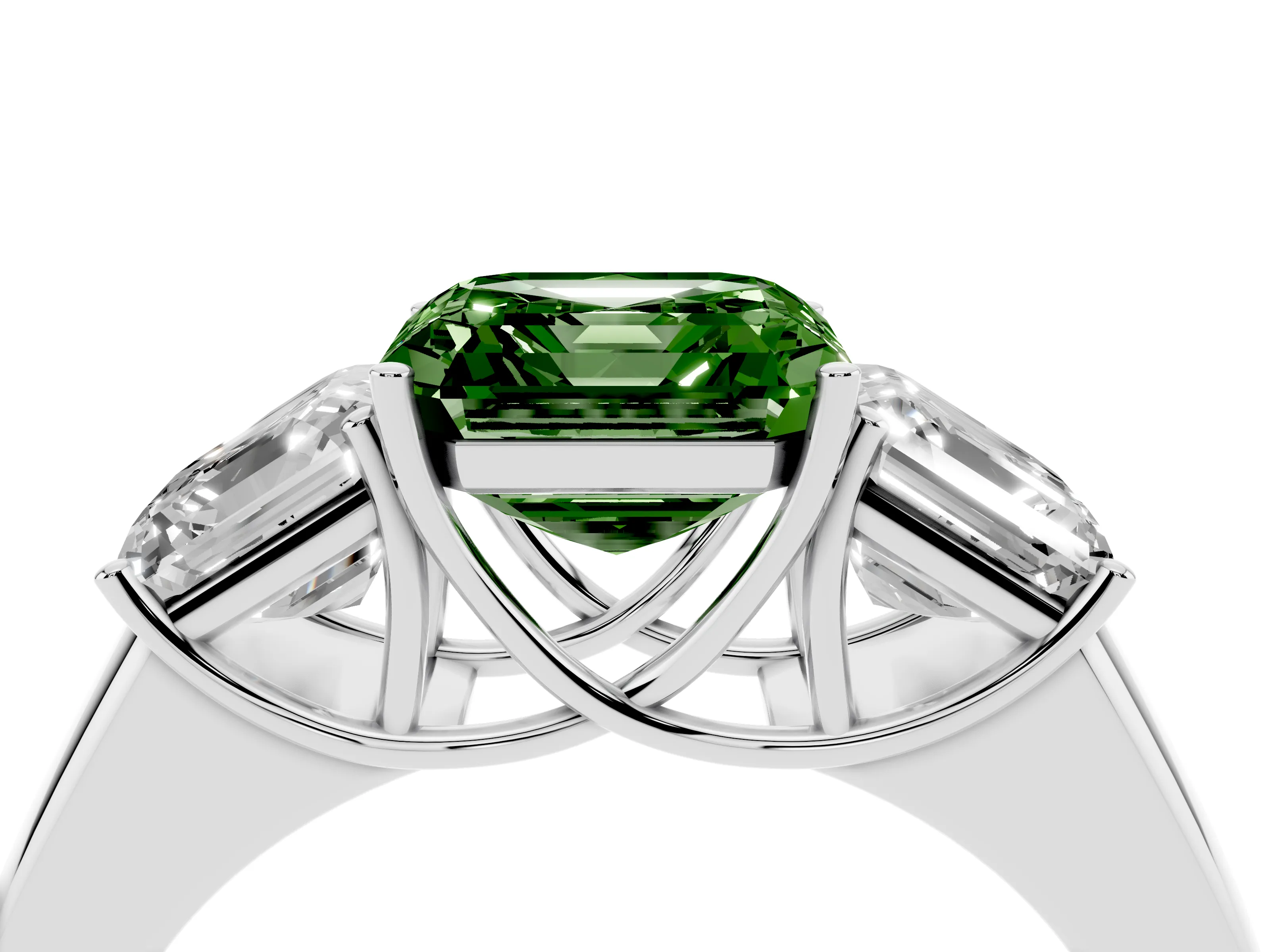 Fancy Green Three-Stone Asscher Cut Diamond Ring Set in White gold with Matching Prong Settings and Plain Band
