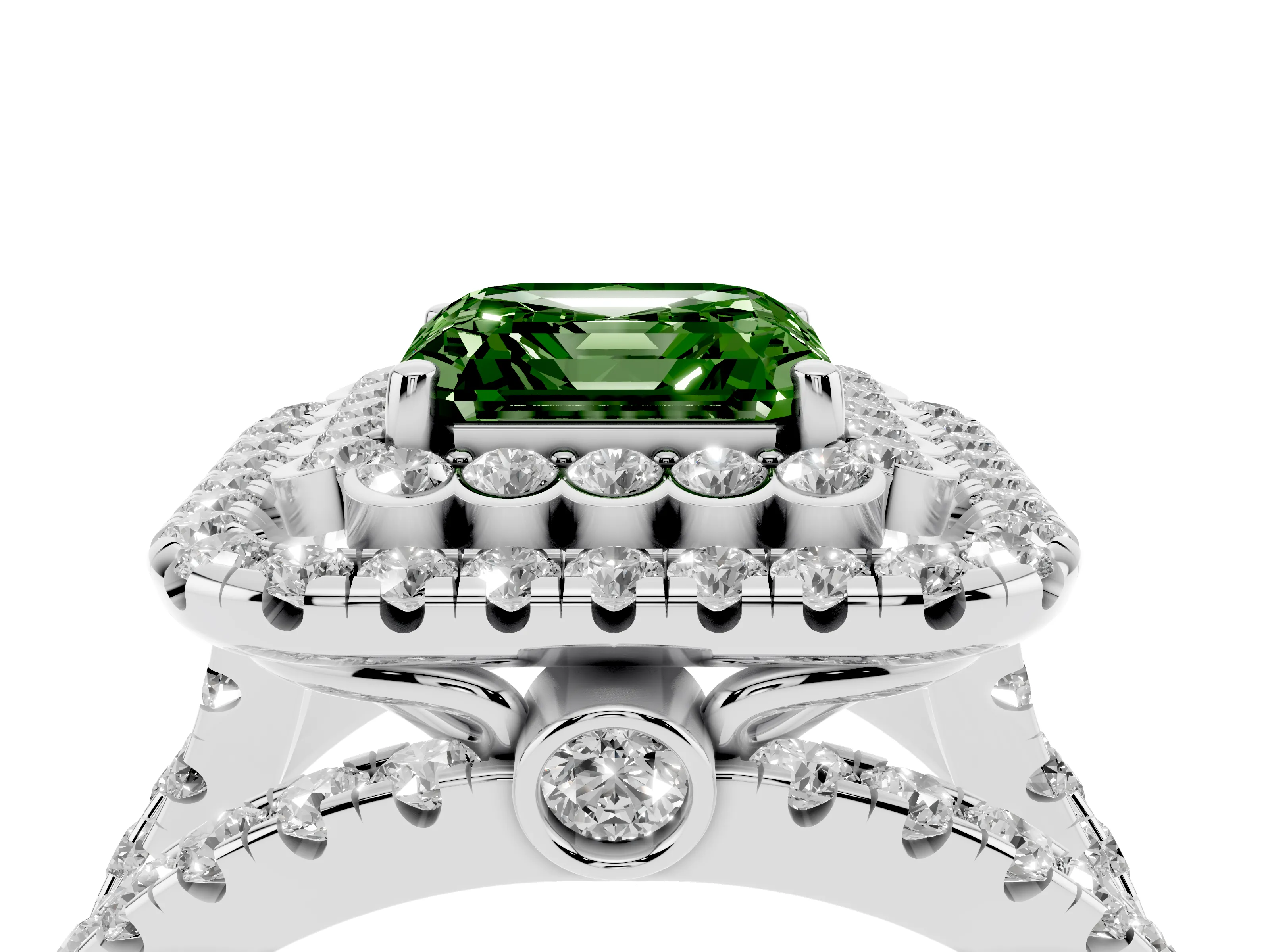 Fancy Green Asscher Cut Diamond Double Halo Ring Set in White gold with Round Pavé Split Shank