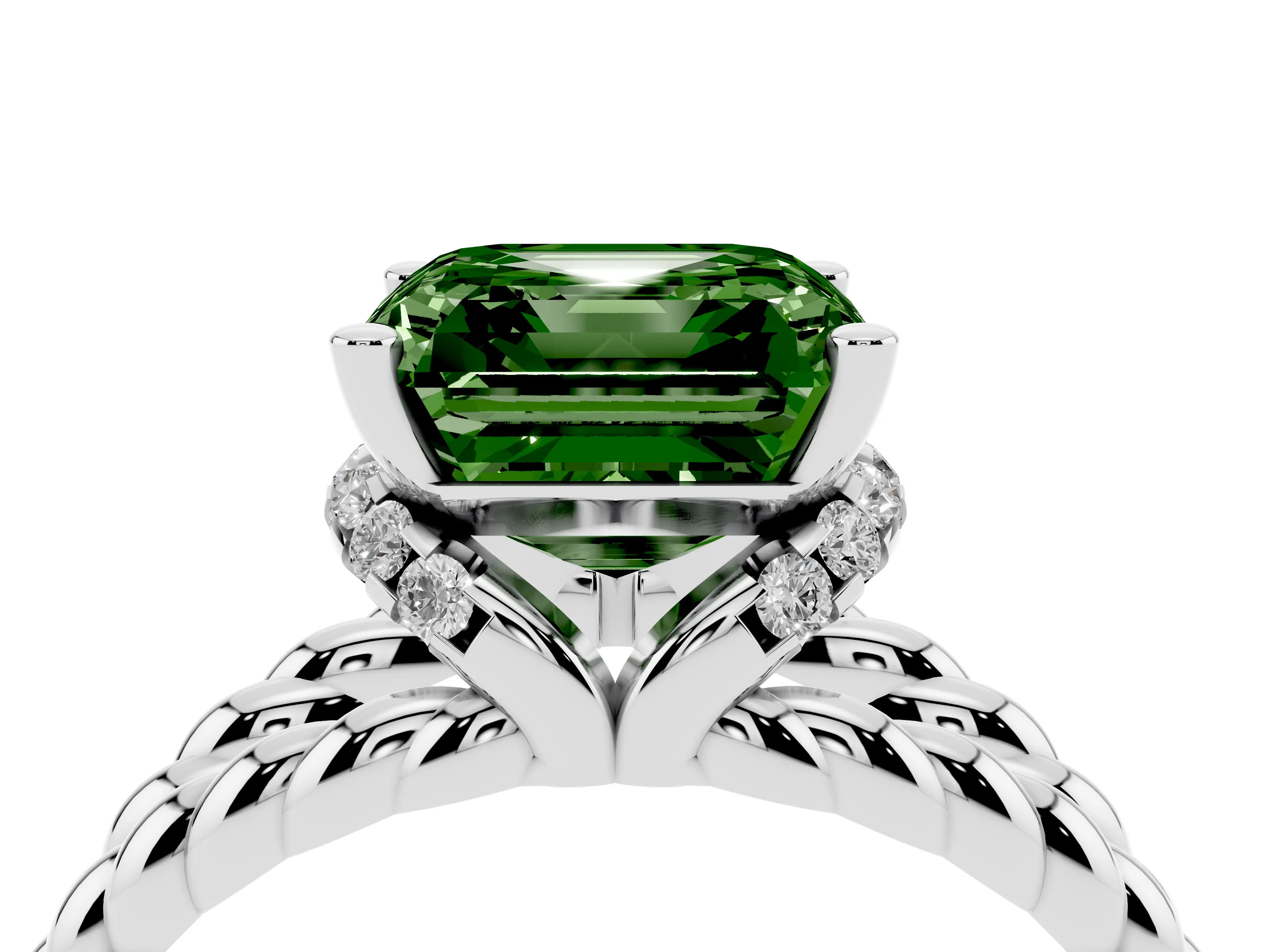 Fancy Green Asscher Cut Diamond Halo Ring Set in Silver with Twisted Band and Prong Setting