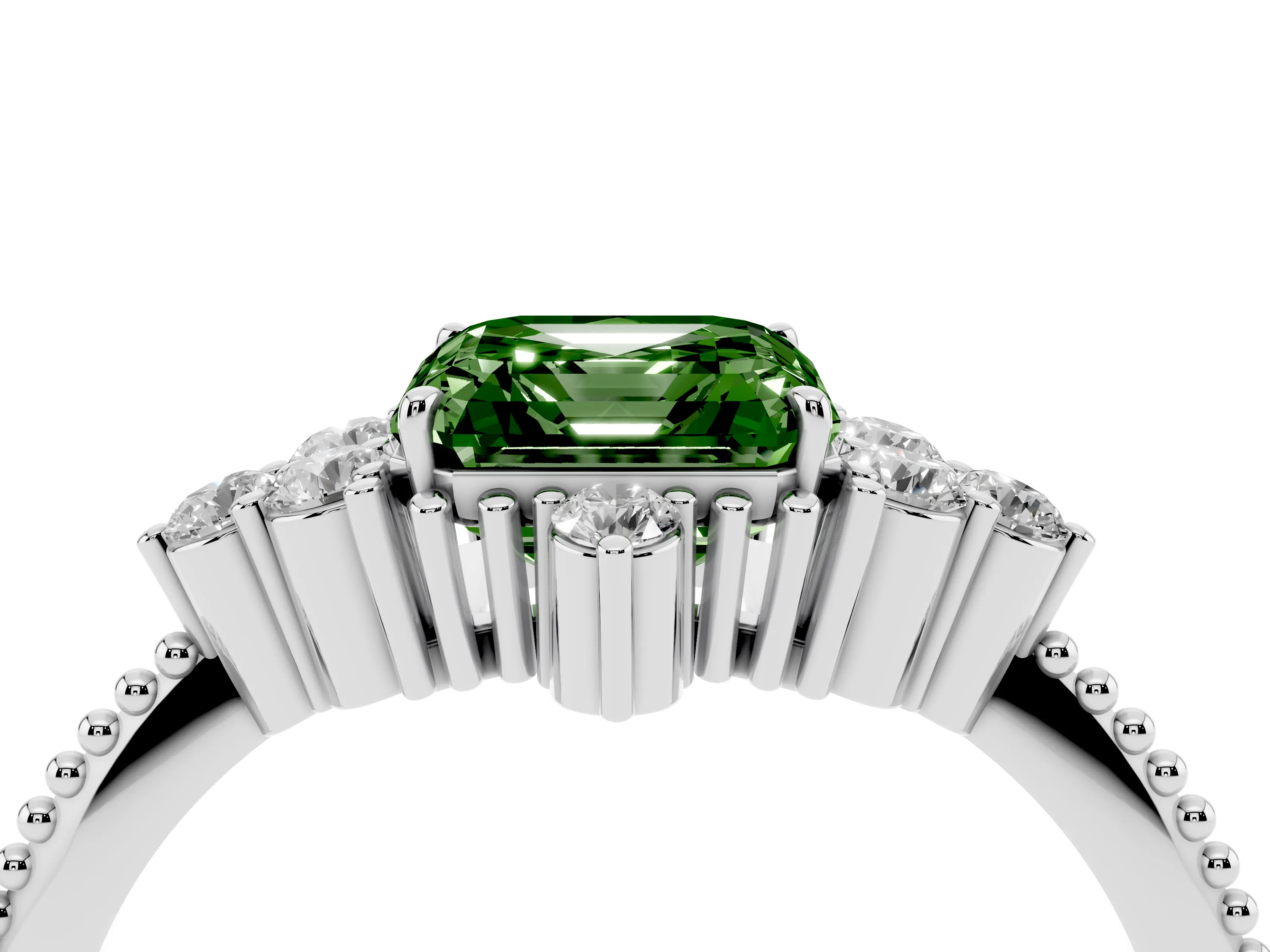 Fancy Green Asscher Cut Diamond Cluster Ring Set in Silver with Beaded Band