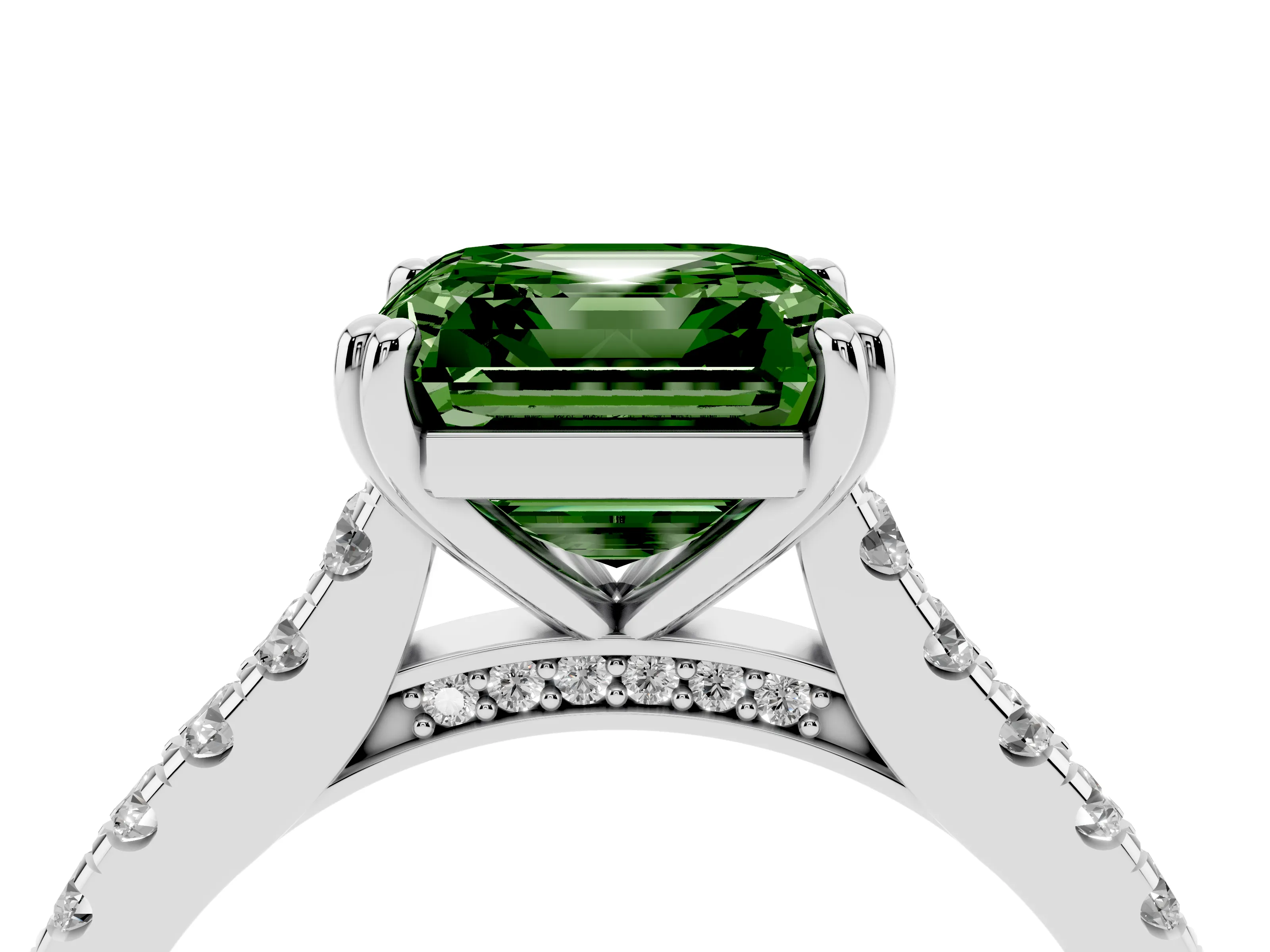Fancy Green Asscher Cut Diamond Solitaire Engagement Ring Set in Platinum with Pavé Accents and Prong Setting