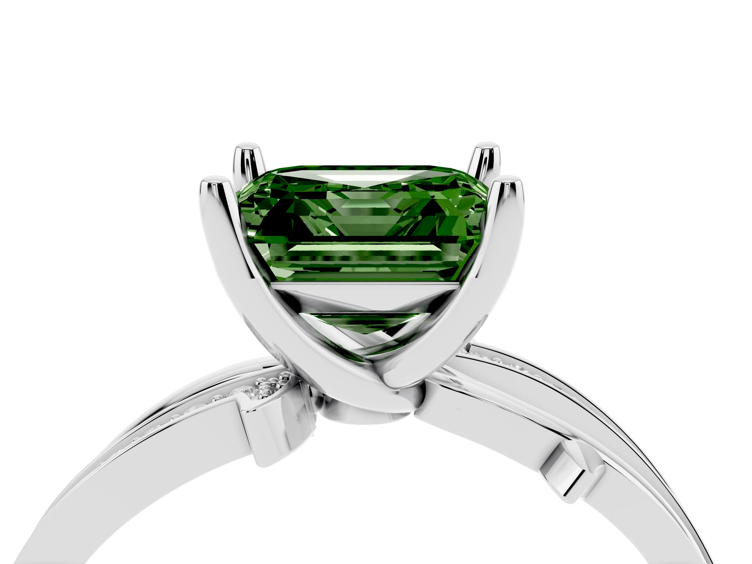Fancy Green Asscher Cut Diamond Pavé Twist Band Solitaire Ring Set in Silver with Prong Setting