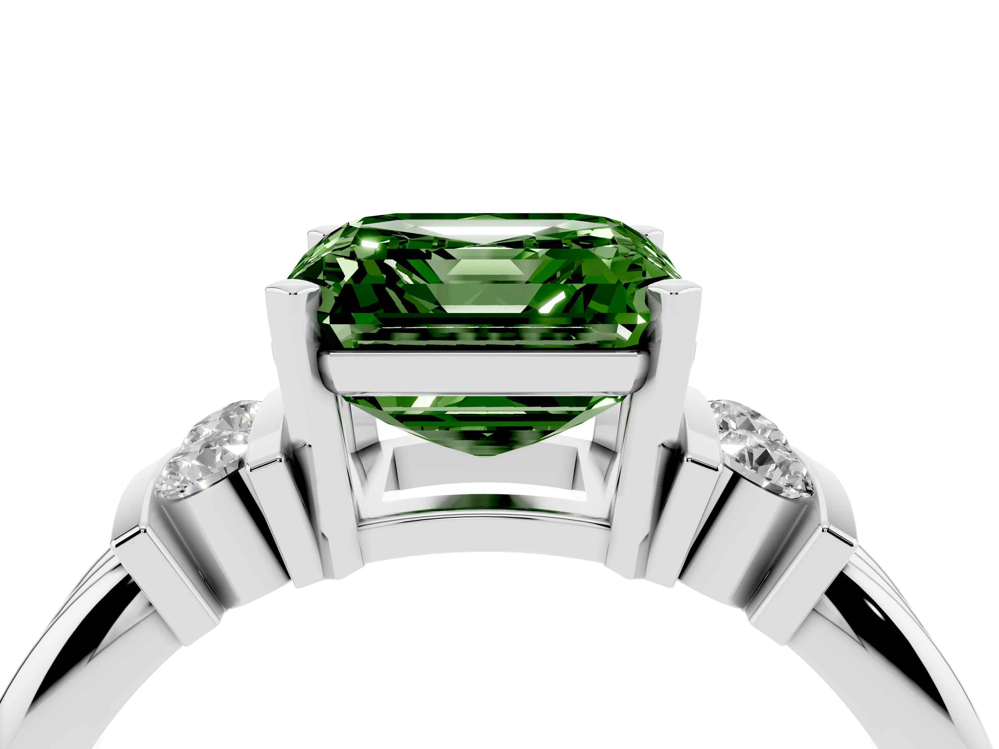 Fancy Green Three-Stone Asscher Cut Diamond Channel Set Ring Set in Silver with Bar Prongs