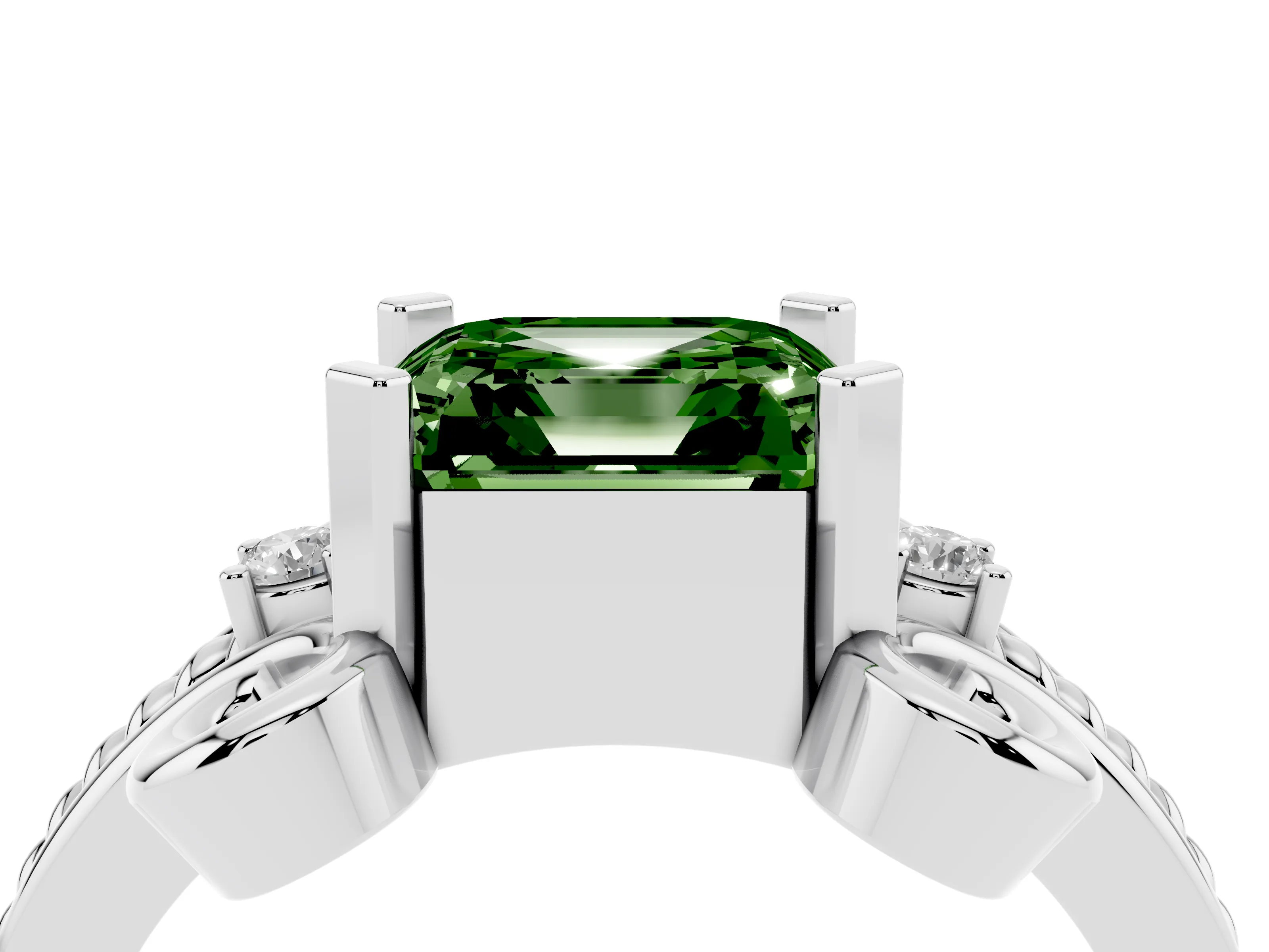 Fancy Green Asscher Cut Diamond Twisted Band Solitaire Ring Set in Platinum with Scroll Prongs