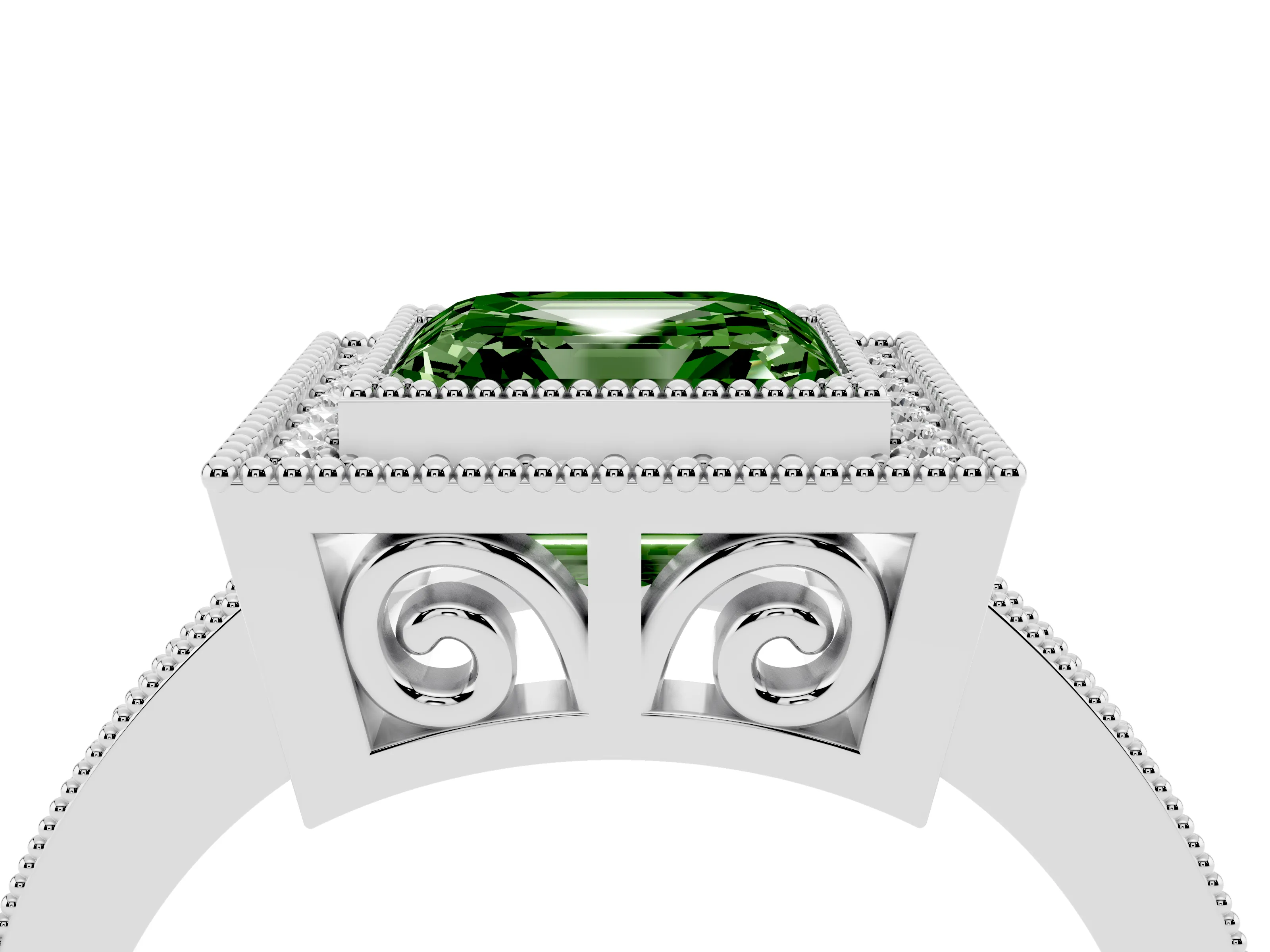 Fancy Green Asscher Cut Diamond Round Halo Ring Set in White gold with Pavé Band