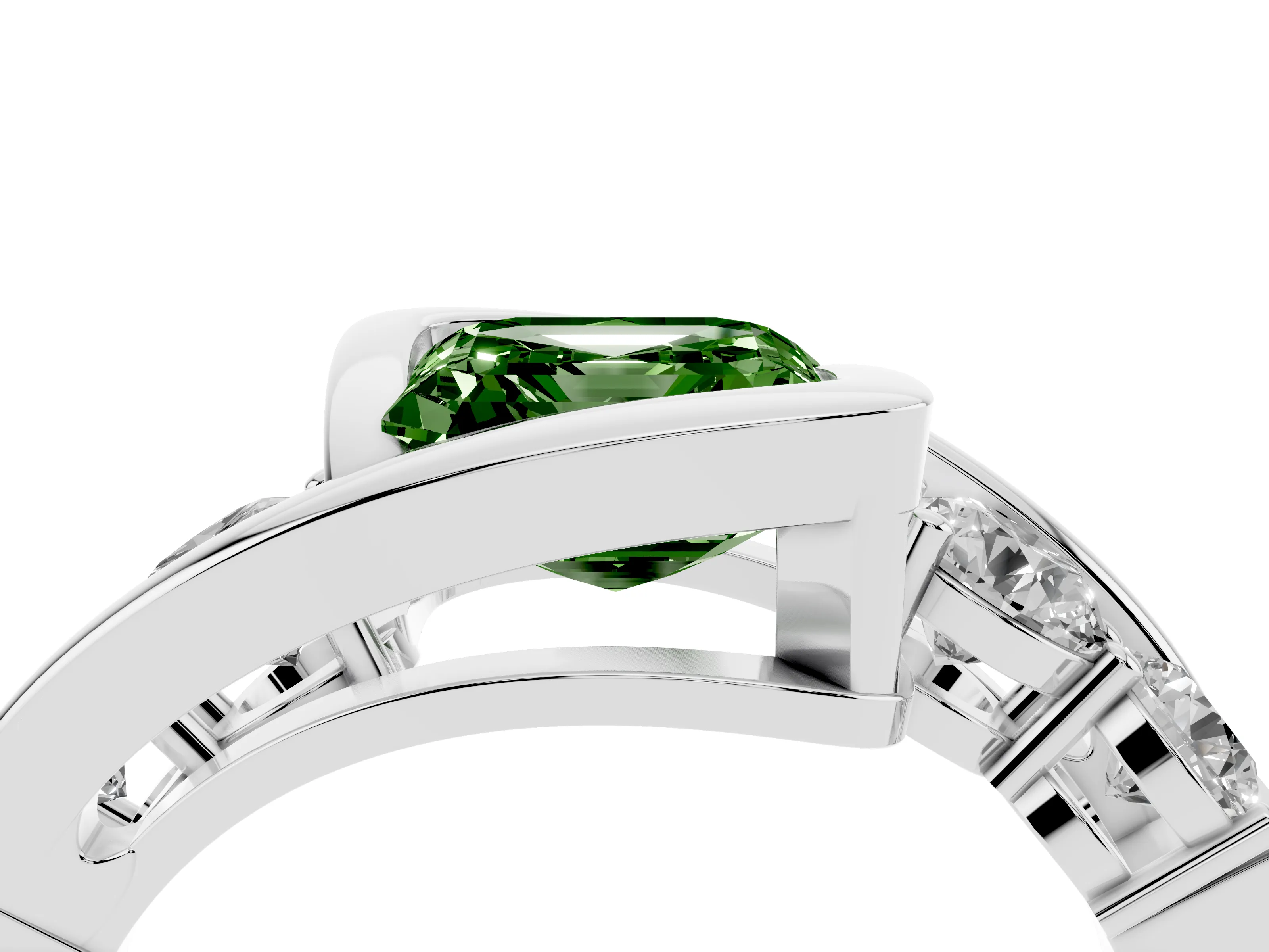 Fancy Green Asscher Cut Diamond Bezel Bypass Ring Set in Silver with Round Accents
