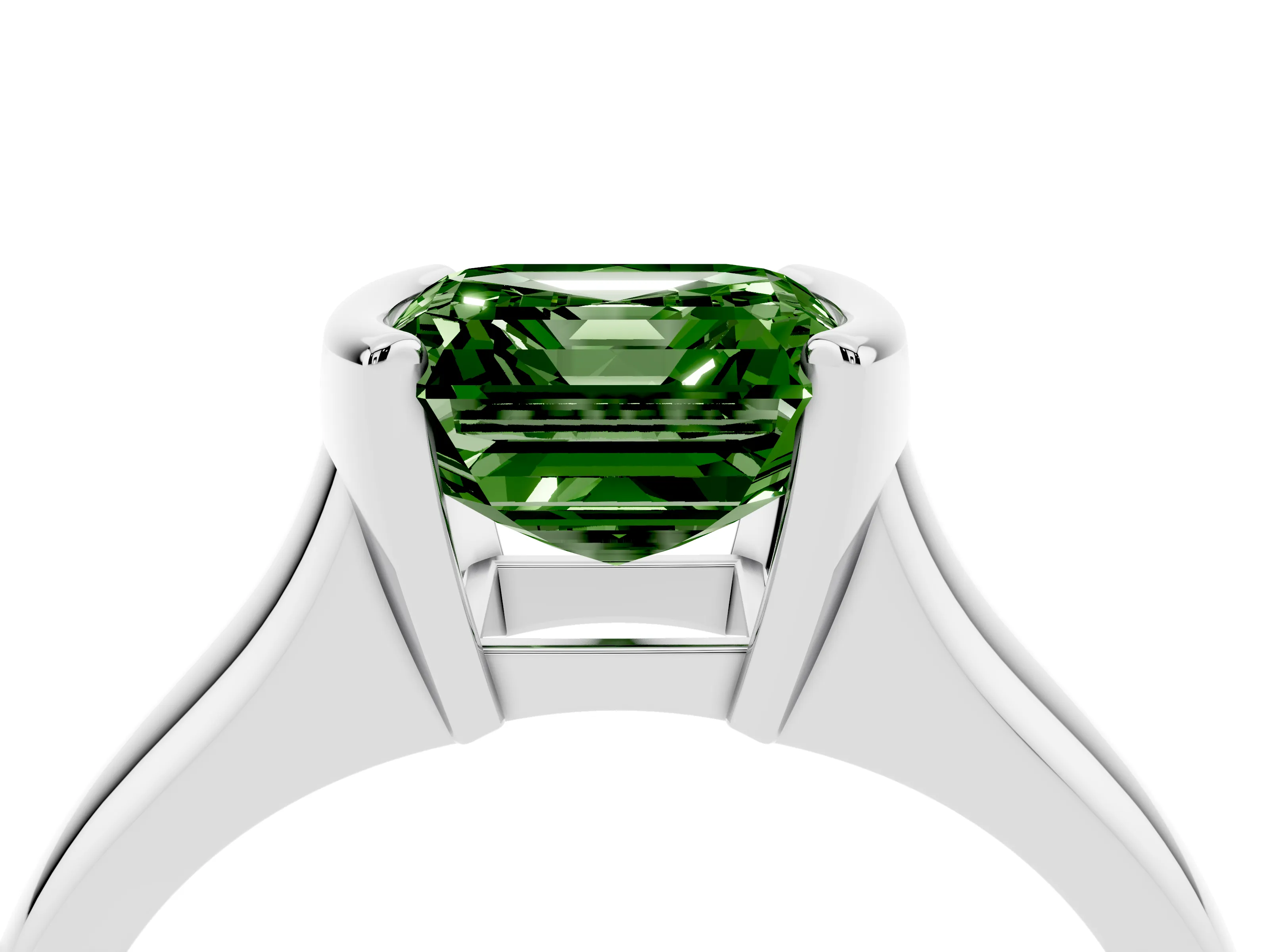 Fancy Green Asscher Cut Diamond Solitaire Tension Set Ring Set in Platinum with Split Shank Band