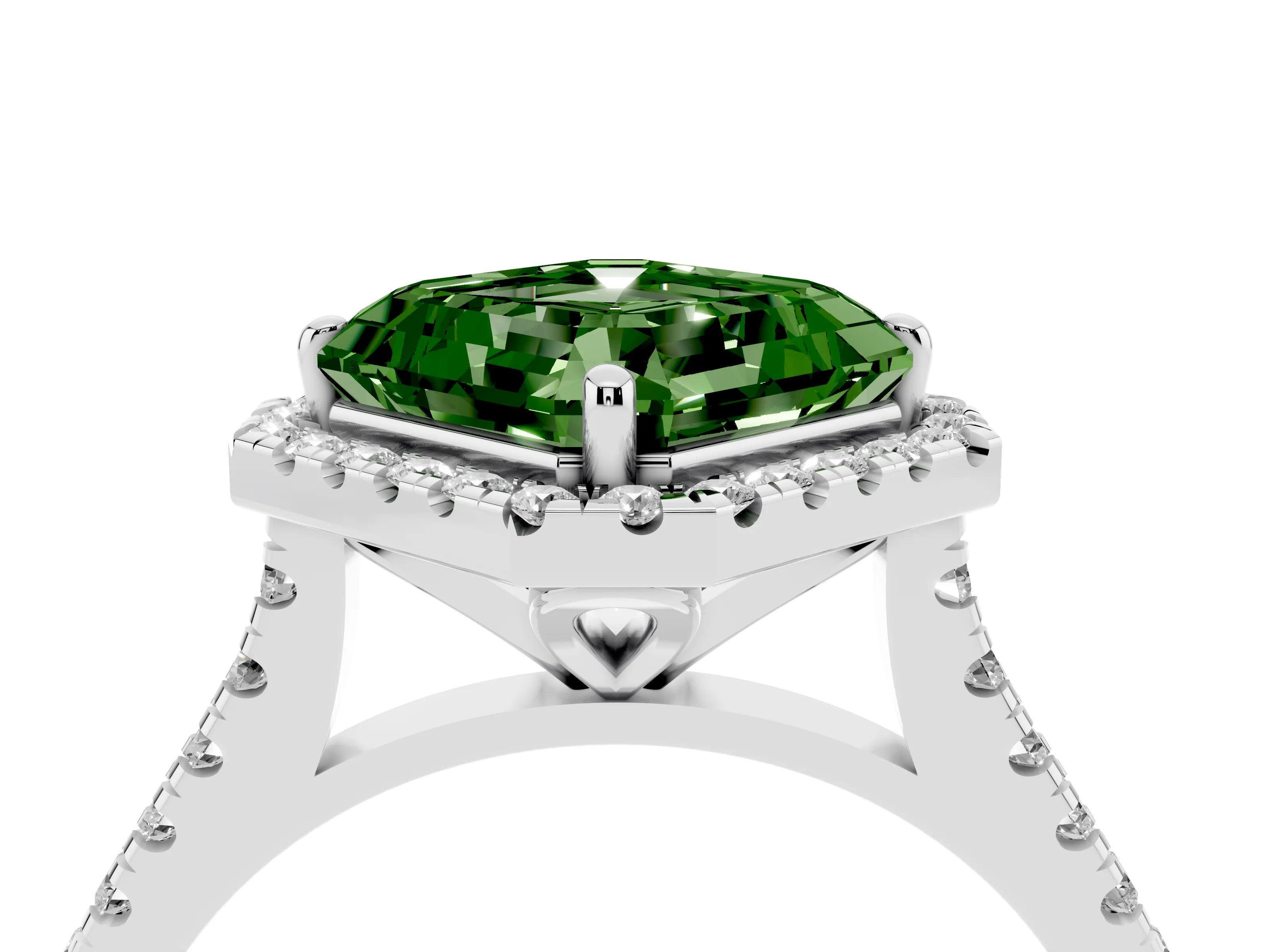 Fancy Green Asscher Cut Diamond Cushion Halo Ring Set in Silver with Pavé Band