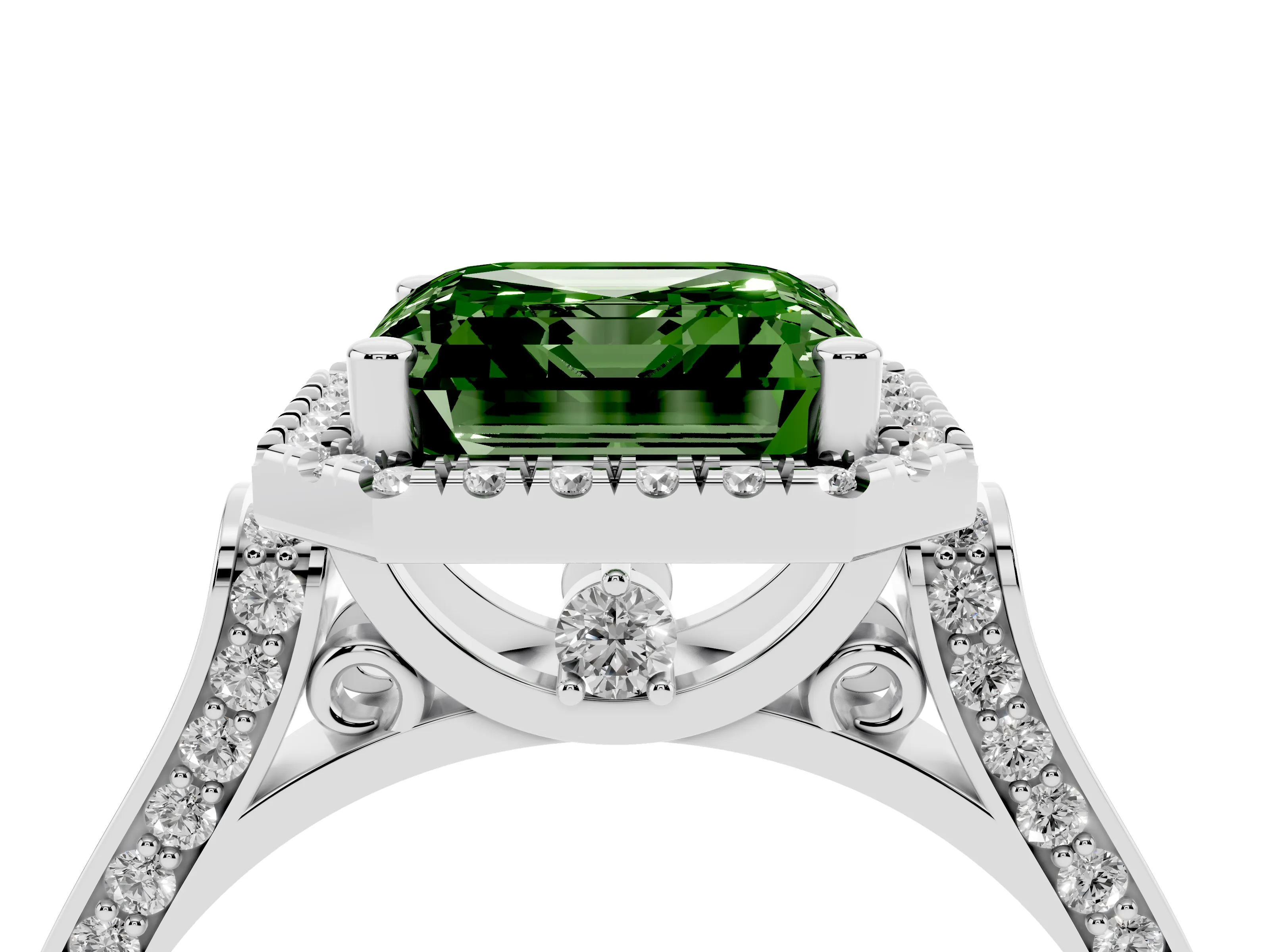 Fancy Green Asscher Cut Diamond Halo Ring Set in Platinum with Pavé-Lined Split Shank Band