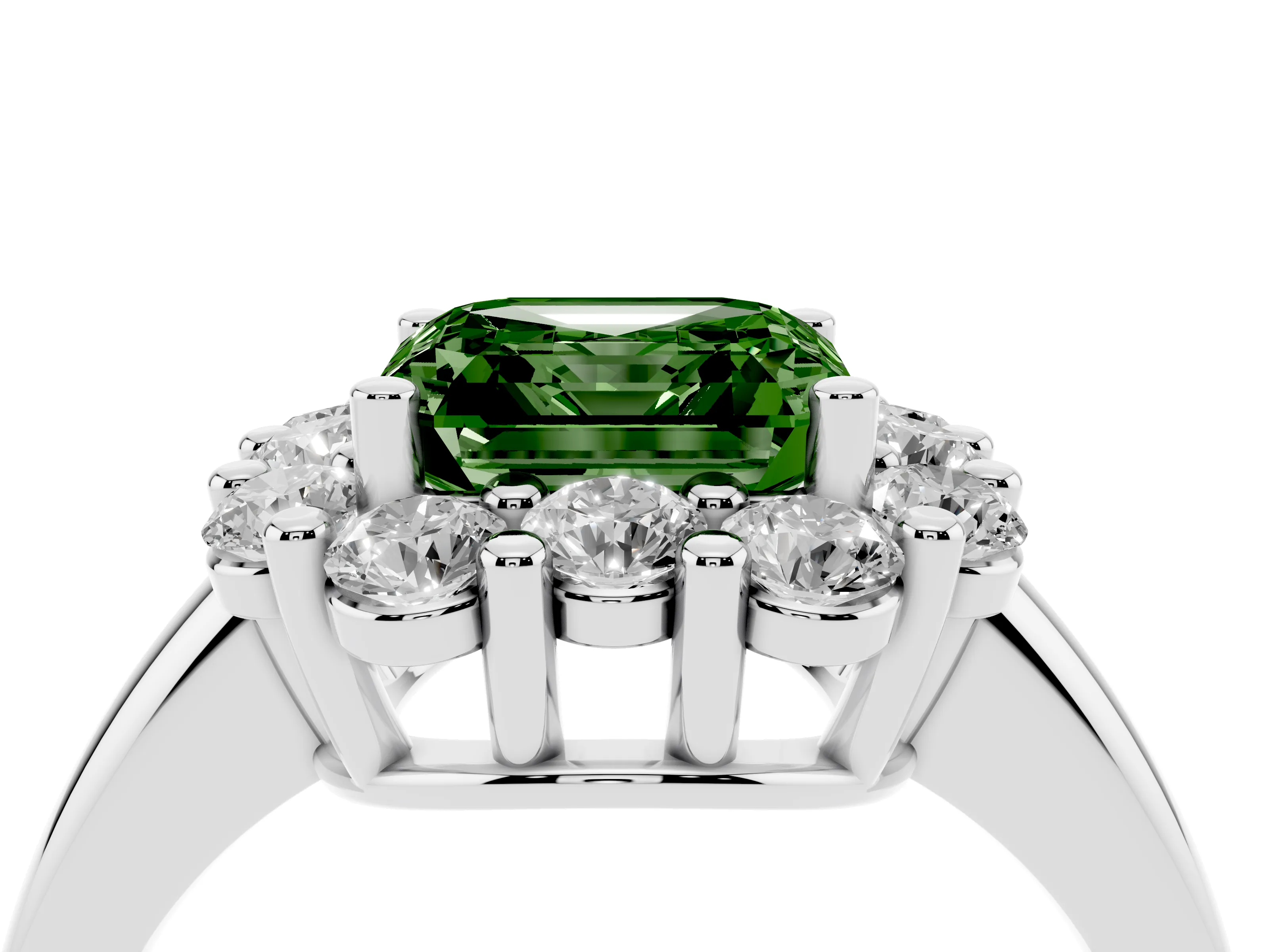 Fancy Green Asscher Cut Diamond Halo Cluster Engagement Ring Set in White gold with Polished Band and Prong Setting