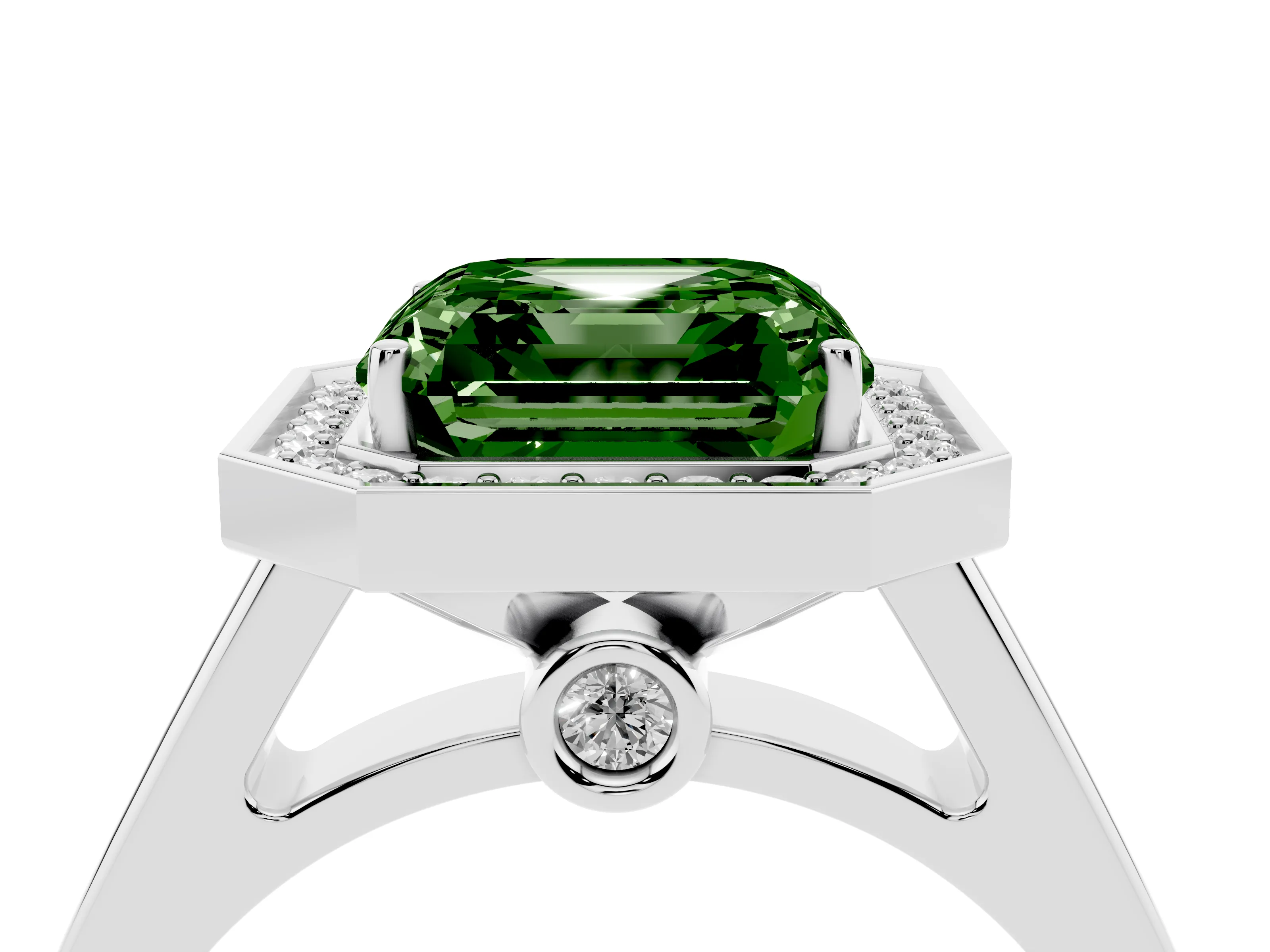 Fancy Green Asscher Cut Diamond Halo Solitaire Ring Set in Platinum with Pavé Band and Bezel Setting