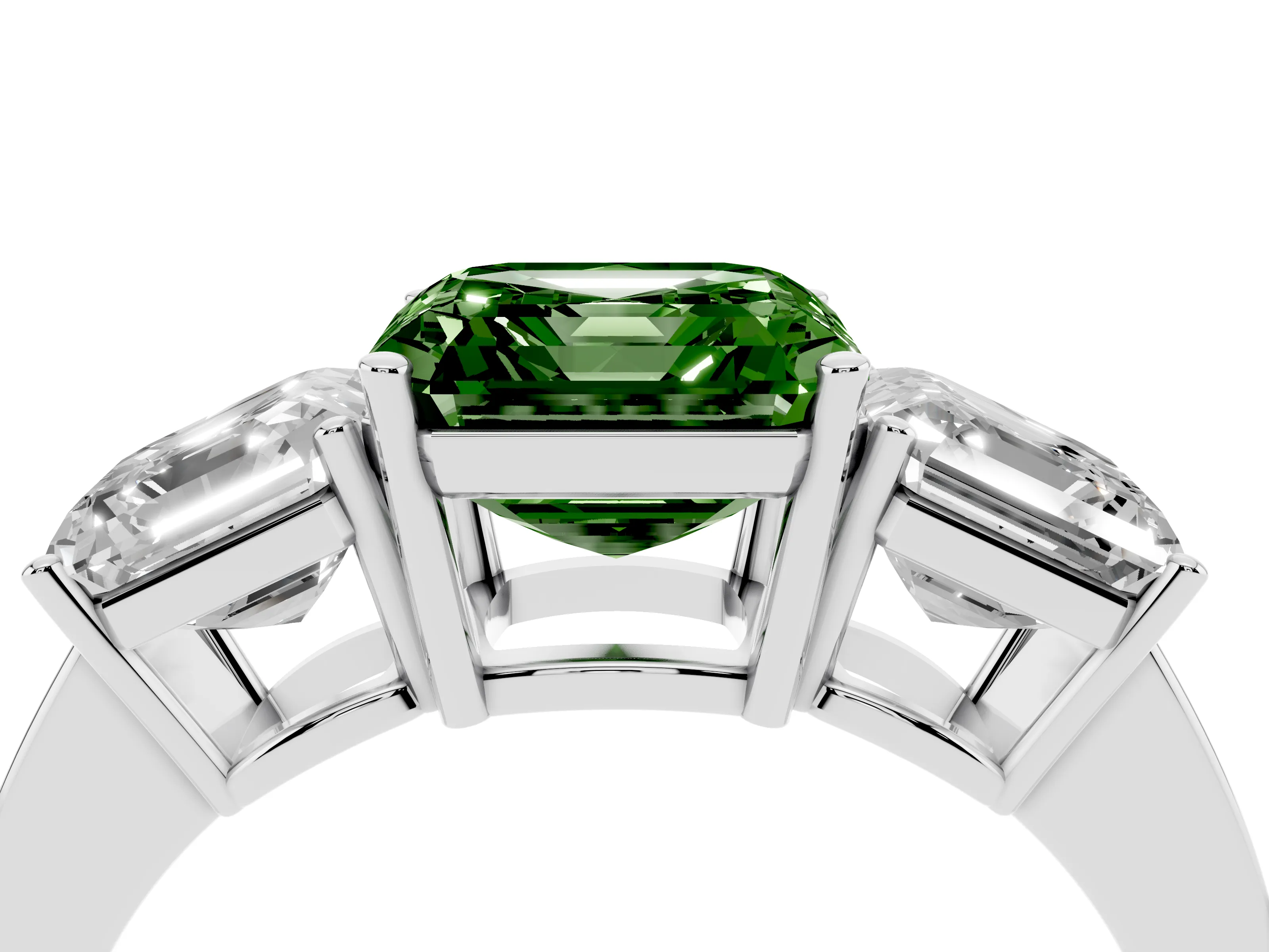 Fancy Green Asscher Cut Diamond Three-Stone Engagement Ring Set in White gold with Flat Band