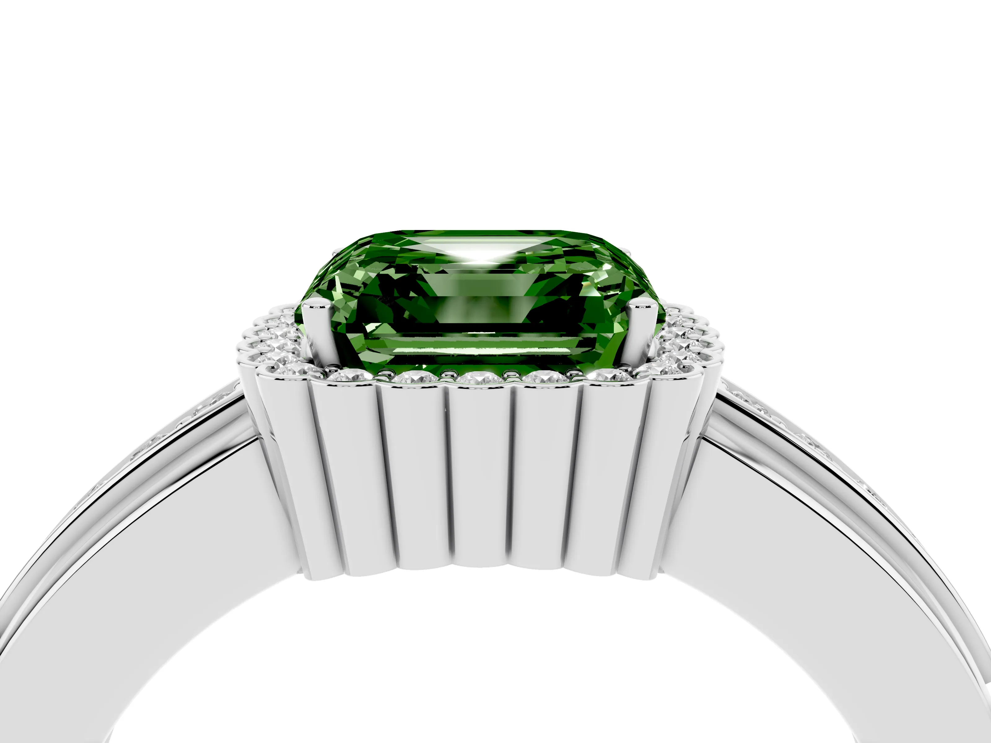Fancy Green Asscher Cut Diamond Halo Prong Ring Set in Platinum with Pavé Band