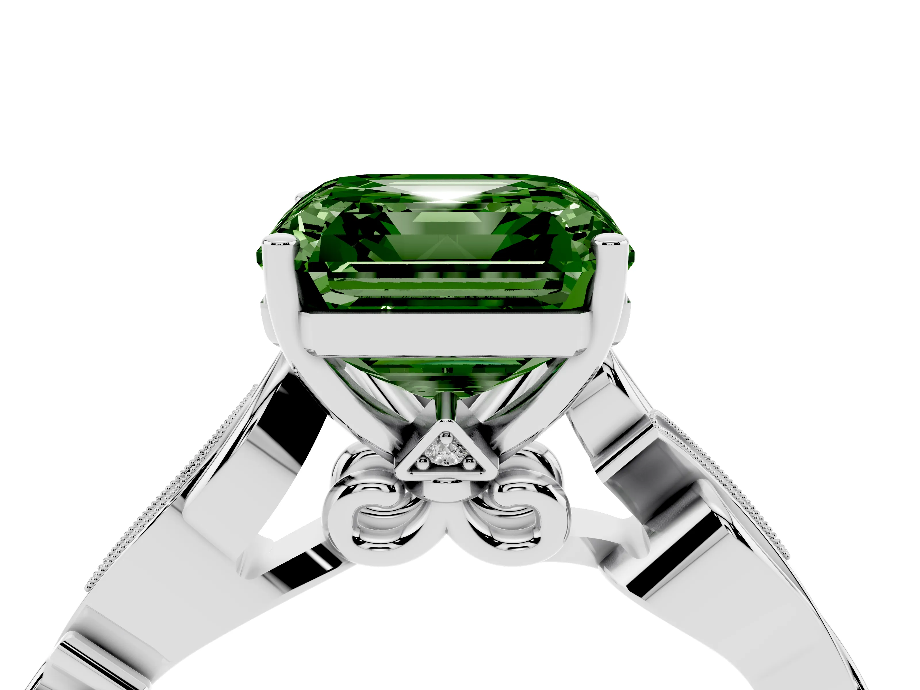 Fancy Green Asscher Cut Diamond Vine Band Solitaire Ring Set in White gold with Milgrain Prong Setting