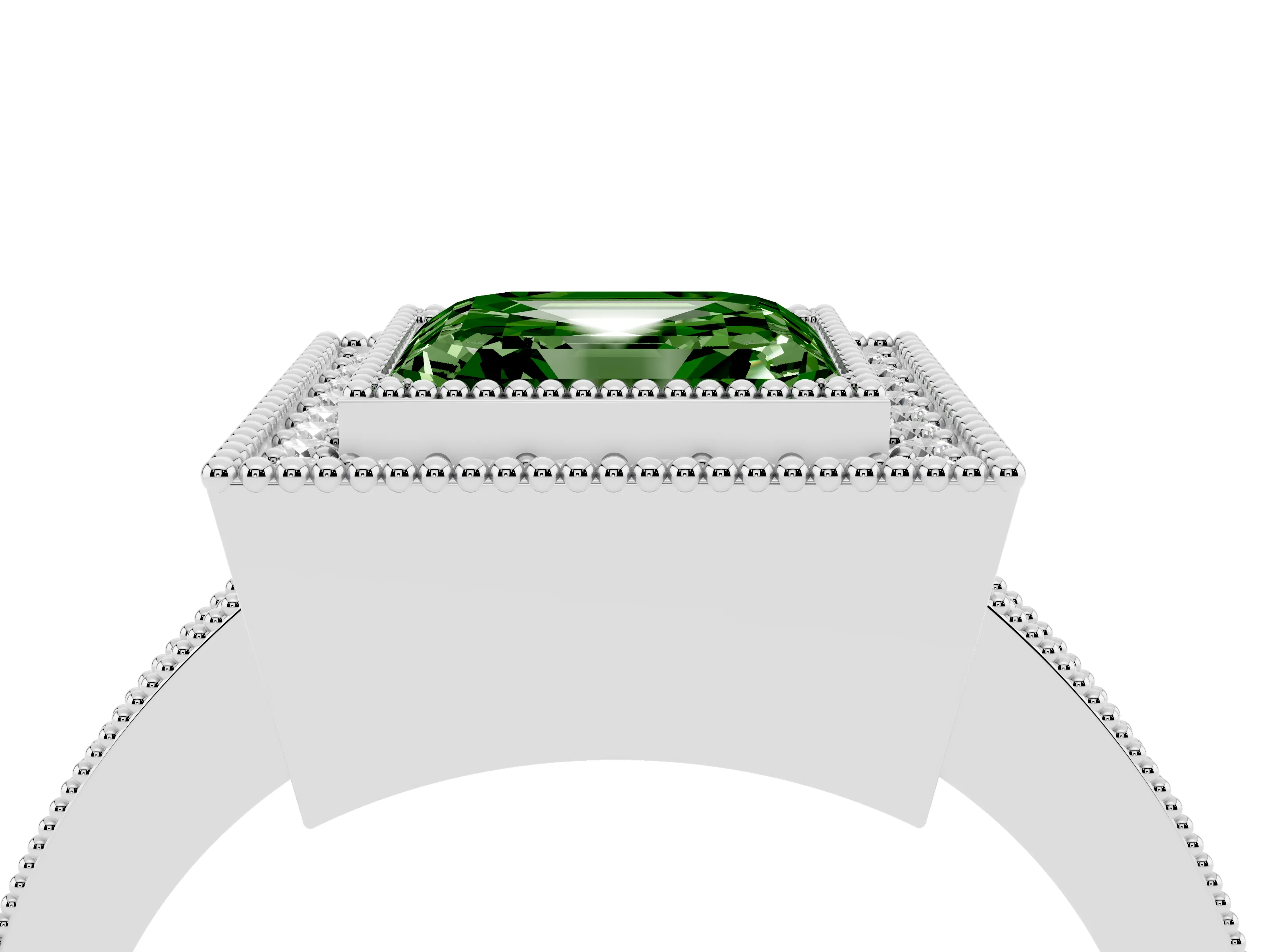 Fancy Green Asscher Cut Diamond Halo Engagement Ring Set in White gold with Pavé Band and Round Halo Stones