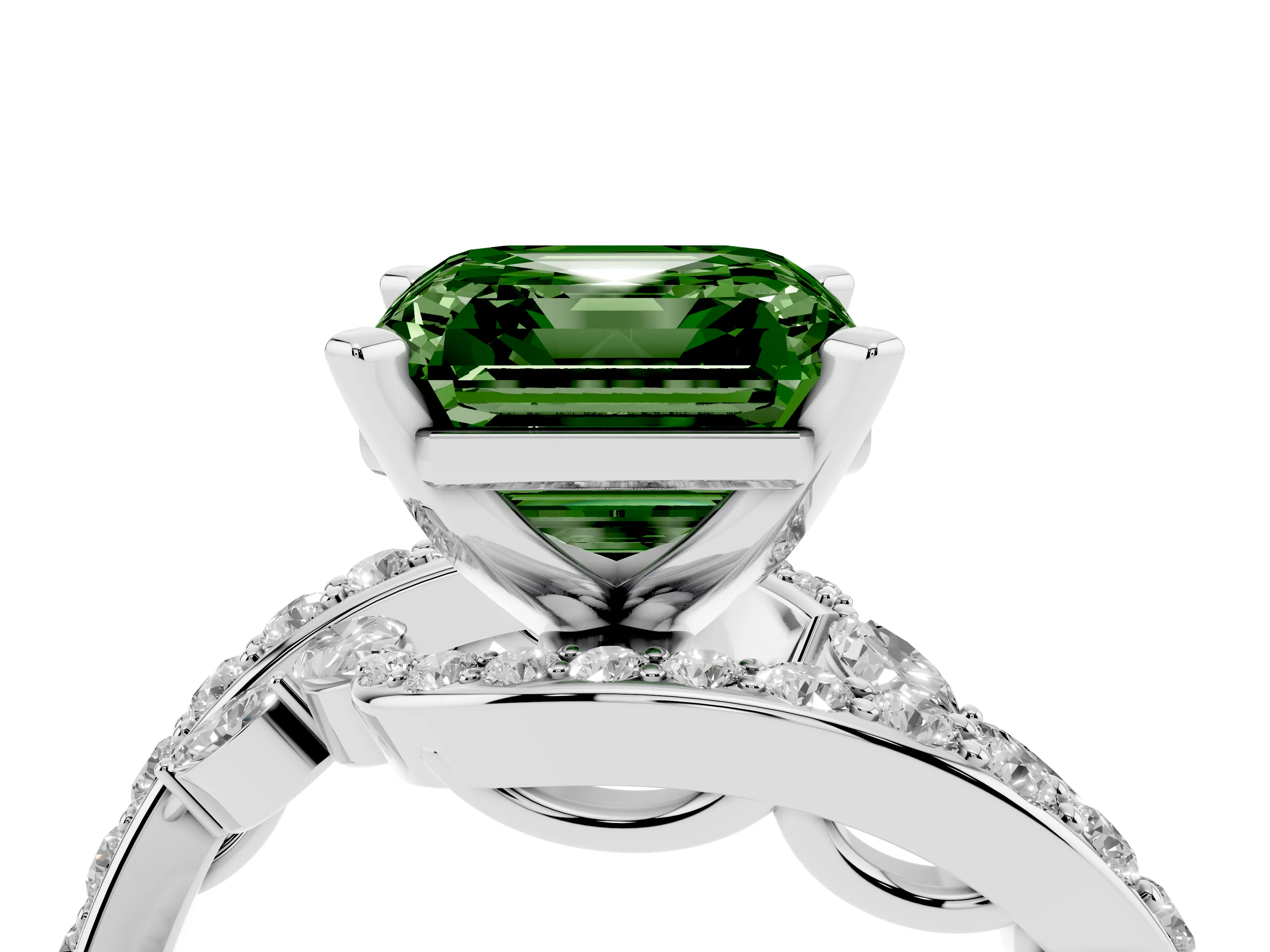 Fancy Green Asscher Cut Diamond Solitaire Ring Set in White gold with Pavé Twist Band and Secure Prong Setting