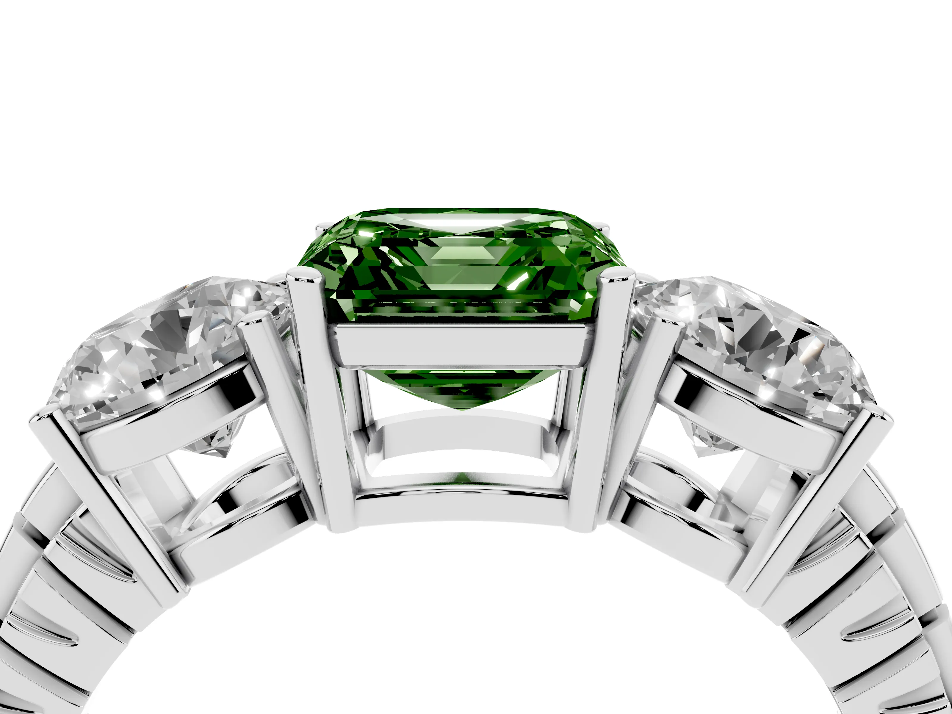 Fancy Green Asscher Cut Diamond Three-Stone Ring Set in Platinum with Channel-Set Accent Band