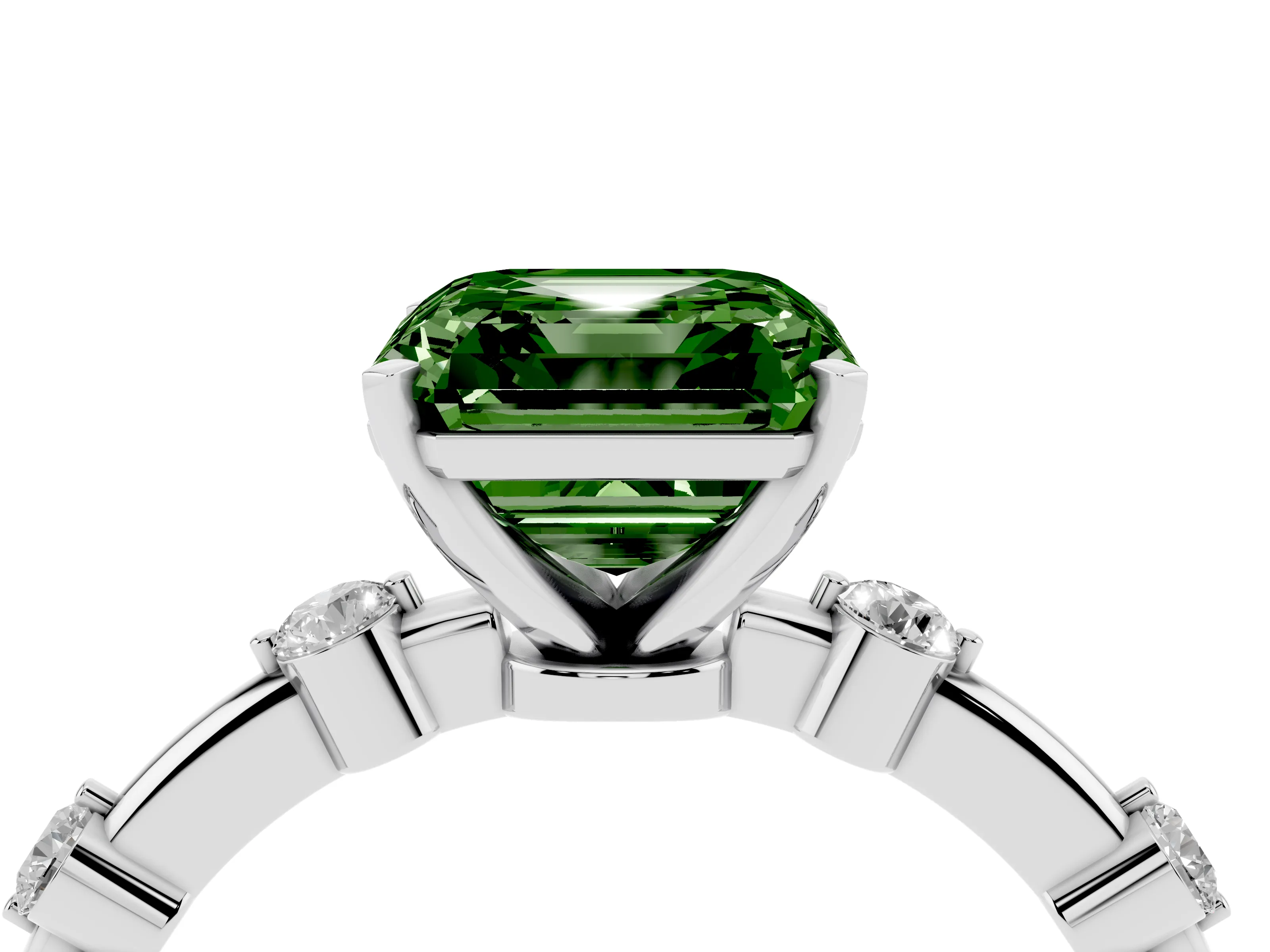 Fancy Green Asscher Cut Diamond Solitaire Ring Set in Platinum with Bezel Set Side Stones and Prong Setting