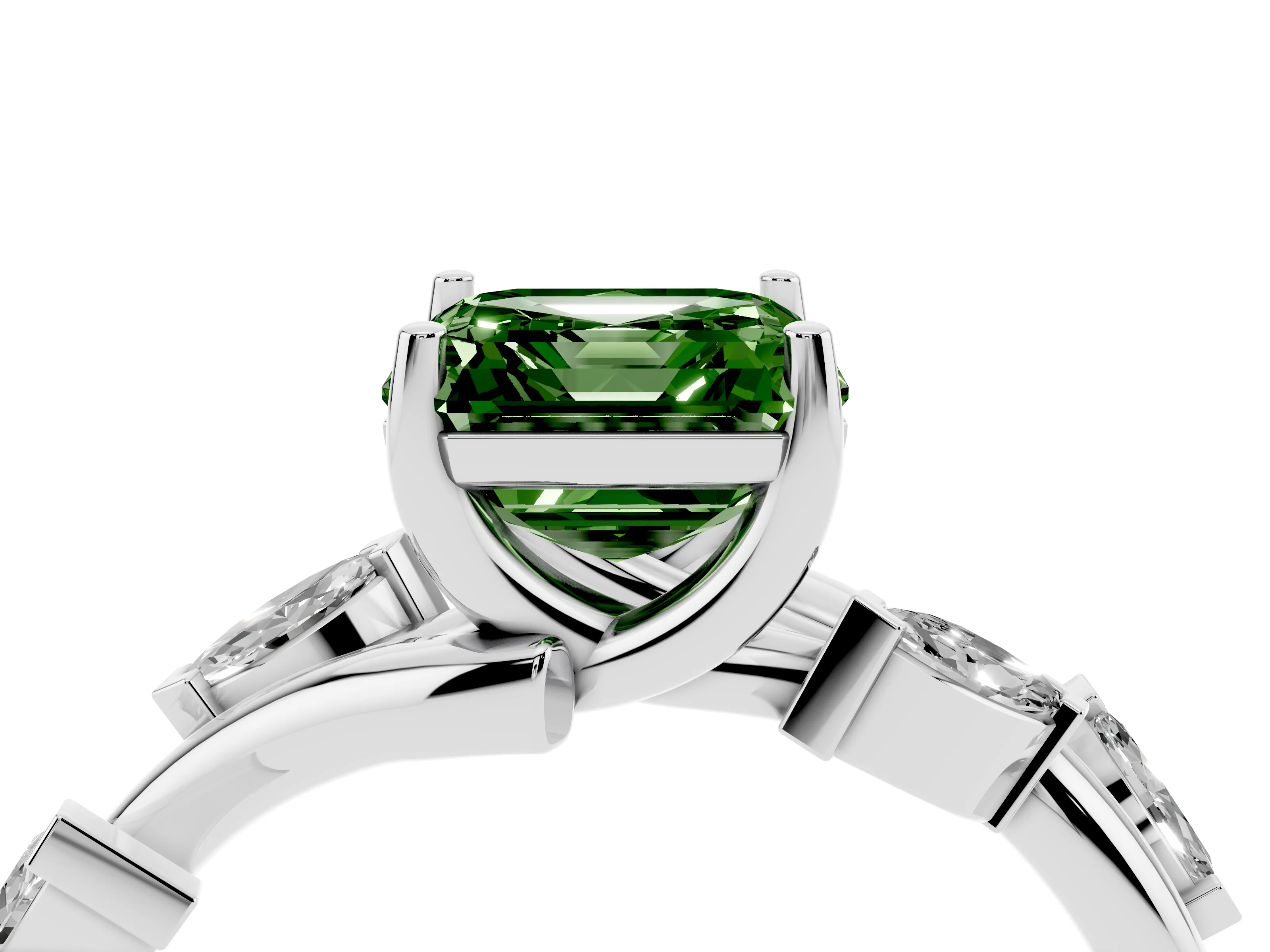 Fancy Green Asscher Cut Diamond Solitaire Ring Set in White gold with Twisted Marquise Accent Band