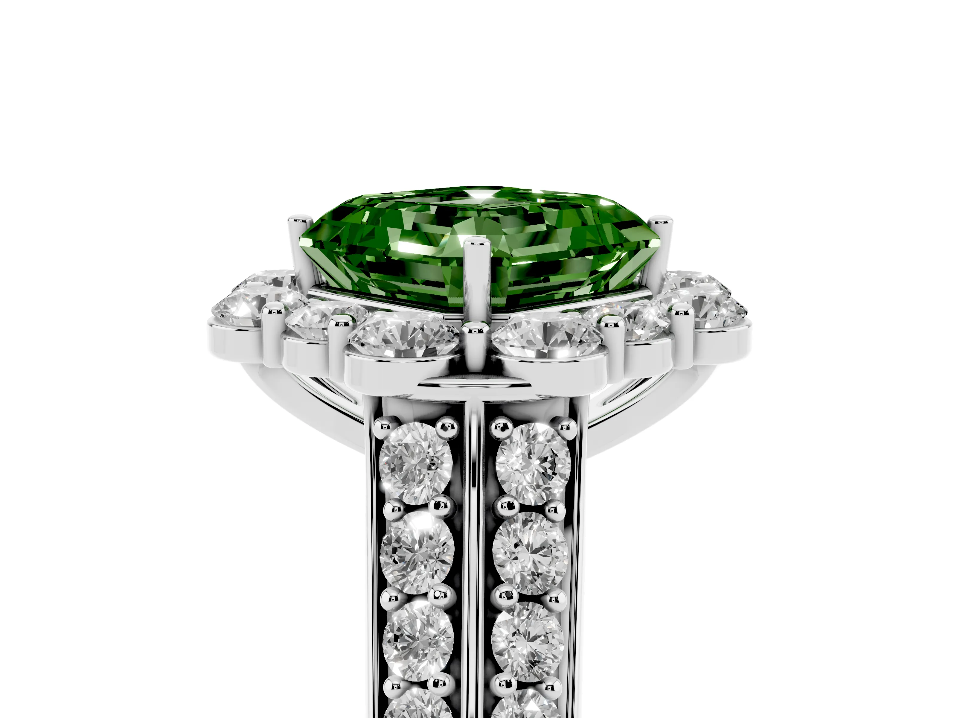 Fancy Green Asscher Cut Diamond Halo Engagement Ring Set in Silver with Split Shank and Prong Setting