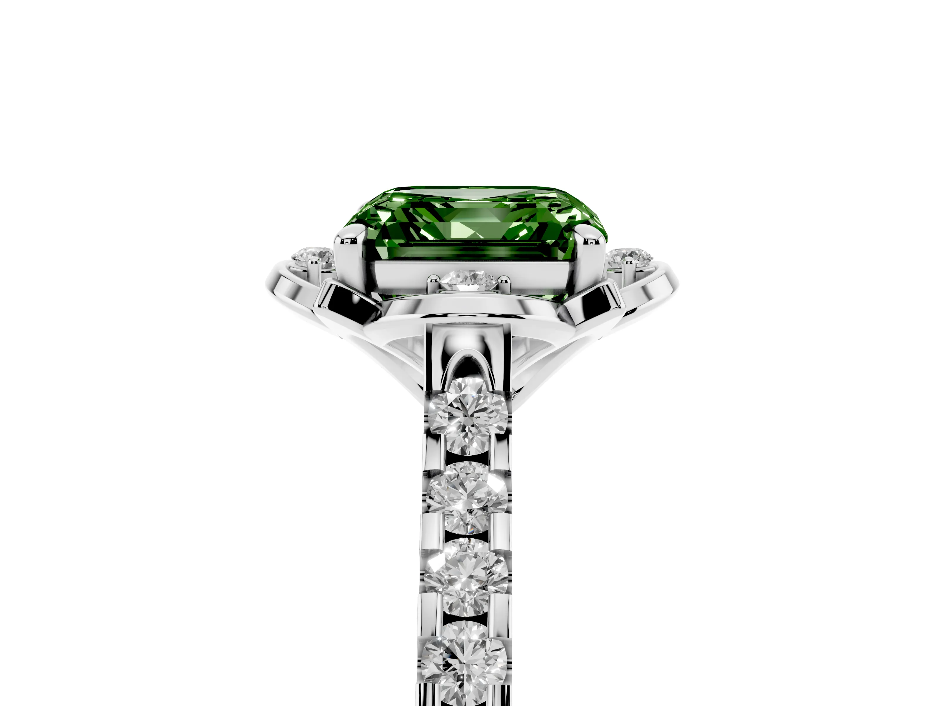 Fancy Green Asscher Cut Diamond Solitaire Ring Set in White gold with Pavé Band and Floral Prong Setting