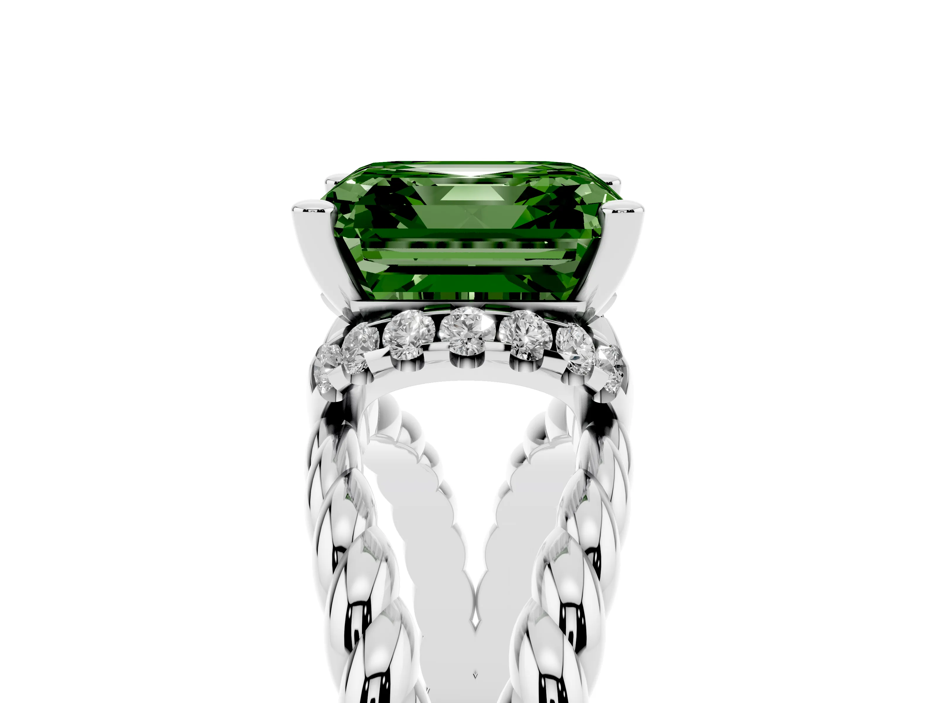 Fancy Green Asscher Cut Diamond Halo Ring Set in Silver with Twisted Band and Prong Setting