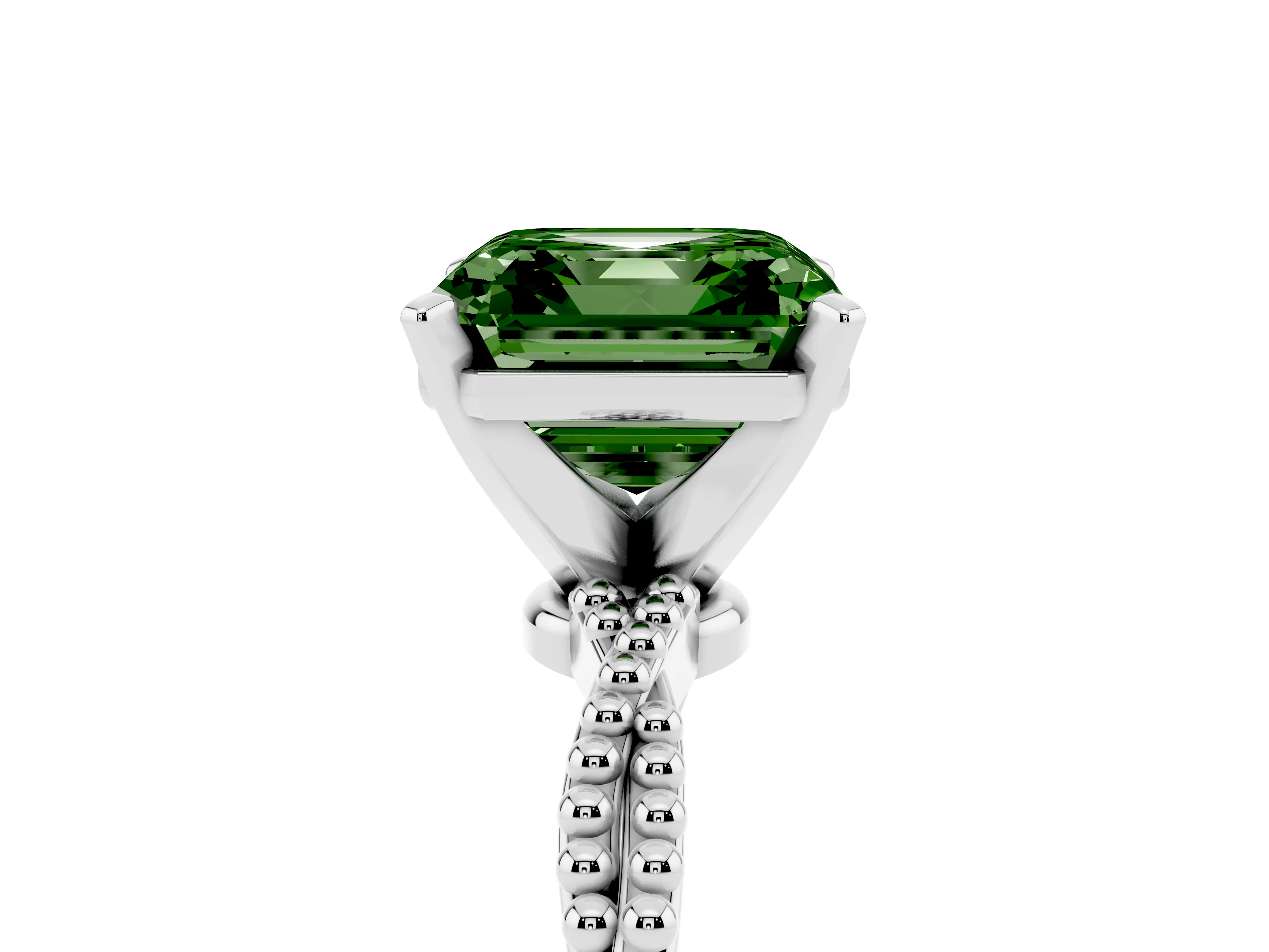 Fancy Green Asscher Cut Diamond Solitaire Ring Set in Platinum with Twisted Band and Bead Prong Setting