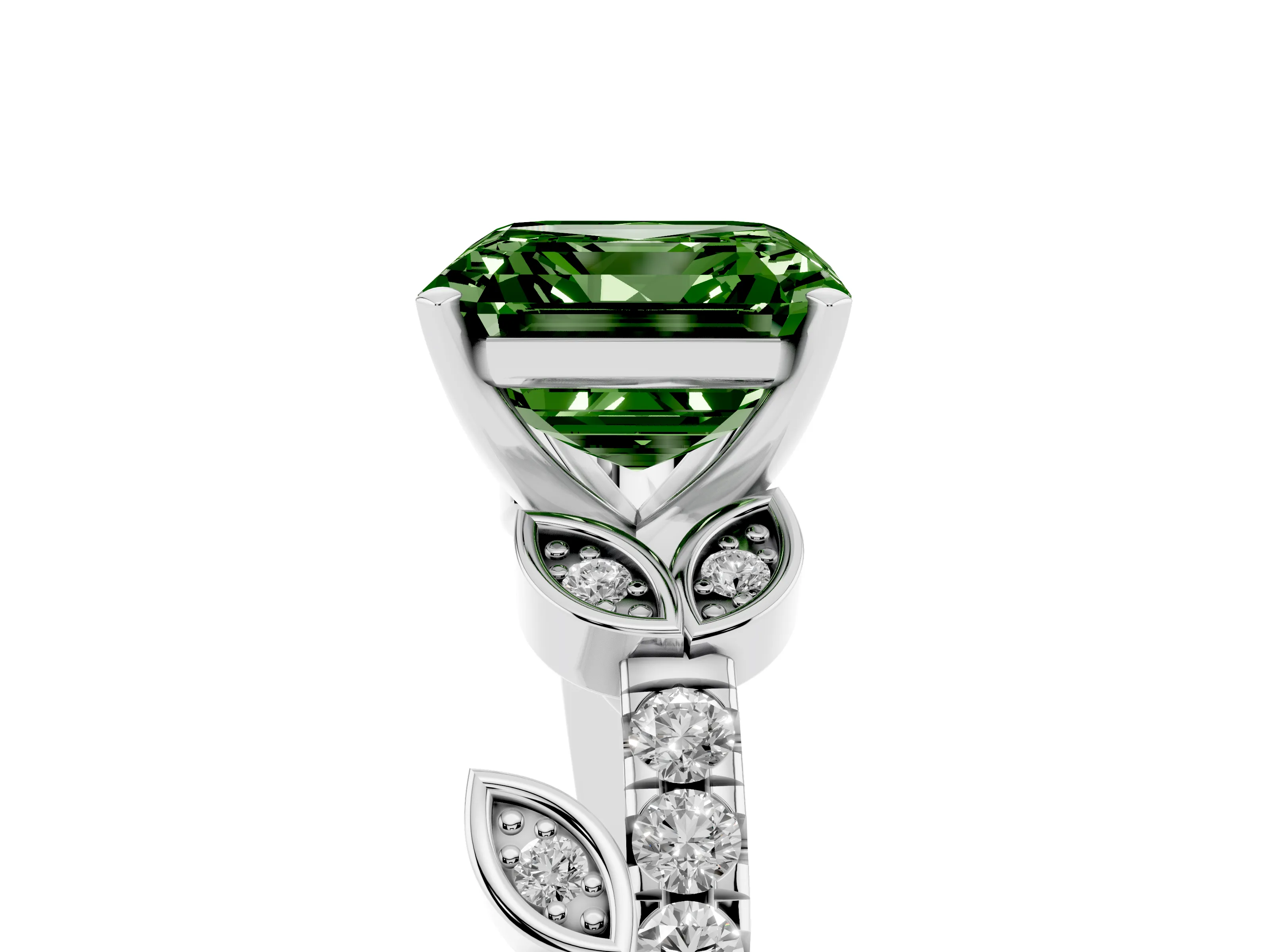 Fancy Green Asscher Cut Diamond Solitaire Leaf-Inspired Ring Set in White gold with Pavé Band and Prong Setting