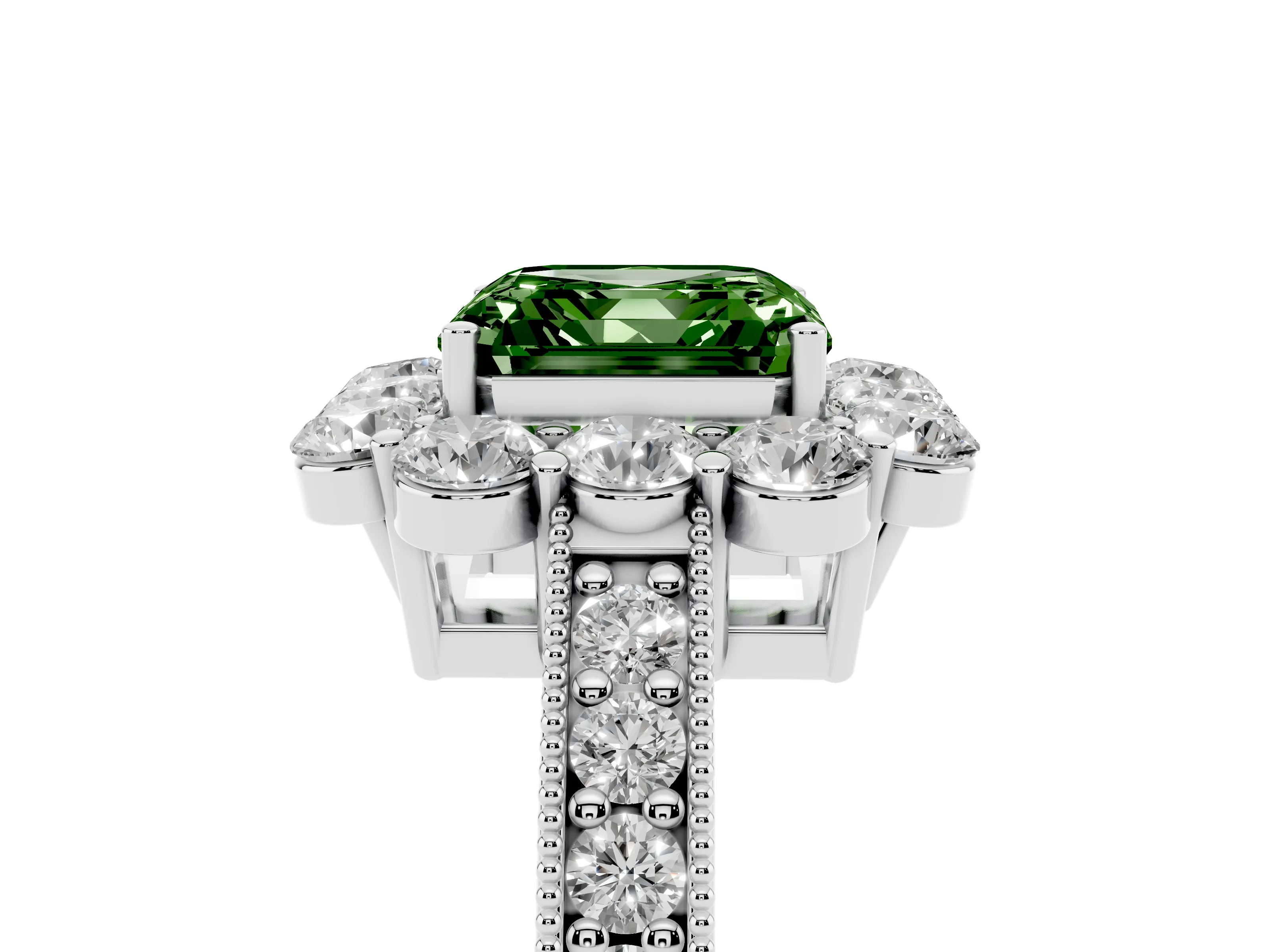 Fancy Green Asscher Cut Diamond Halo Pavé Engagement Ring Set in White gold with Milgrain Detailing