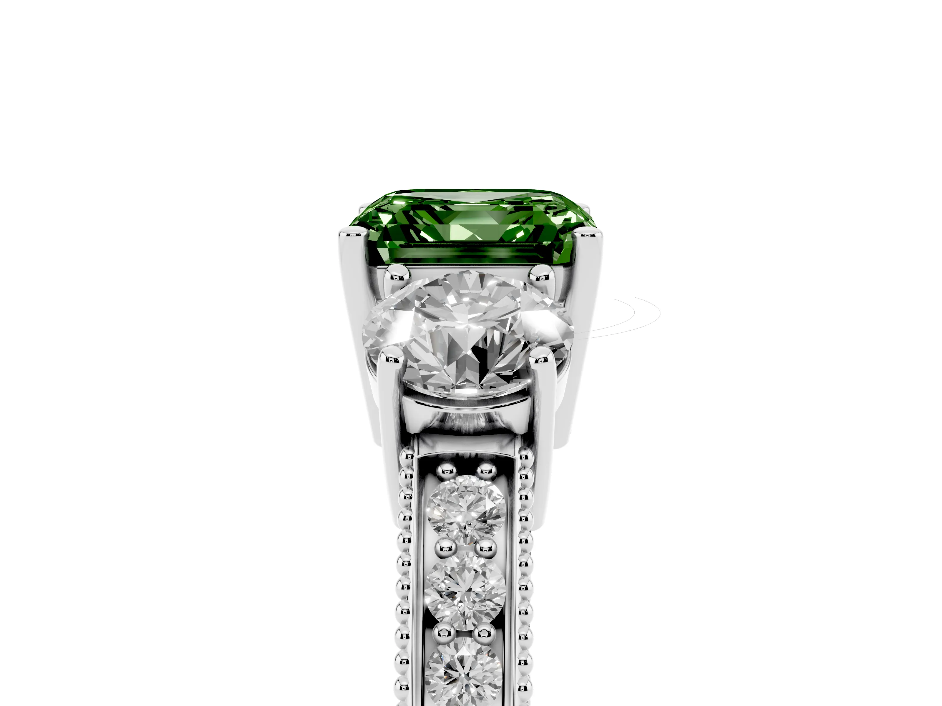 Fancy Green Asscher Cut Diamond Three-Stone Ring Set in White gold with Round Side Stones and Pavé Band