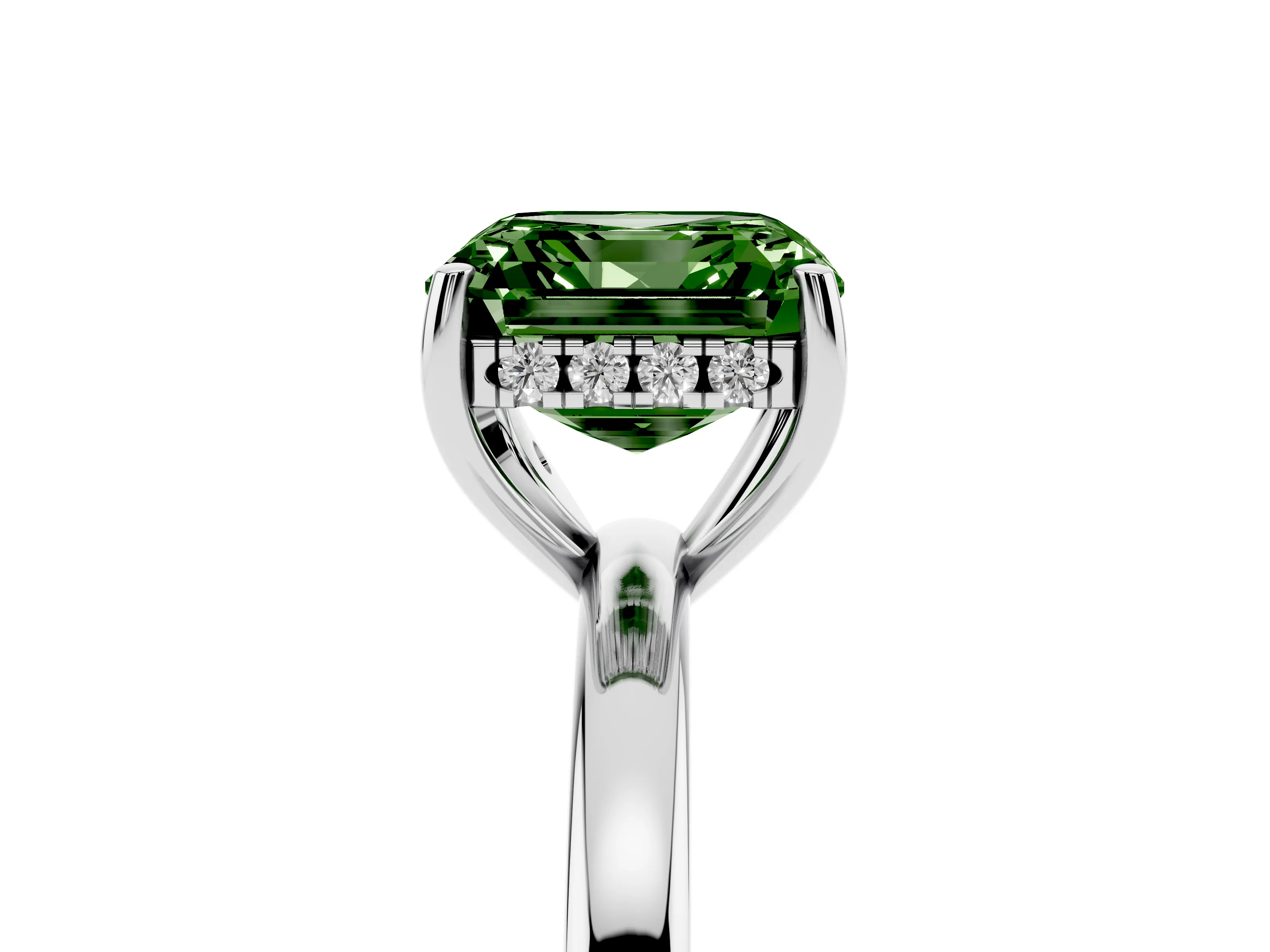 Fancy Green Asscher Cut Diamond Solitaire Ring Set in Platinum with Plain Band and Prong Setting