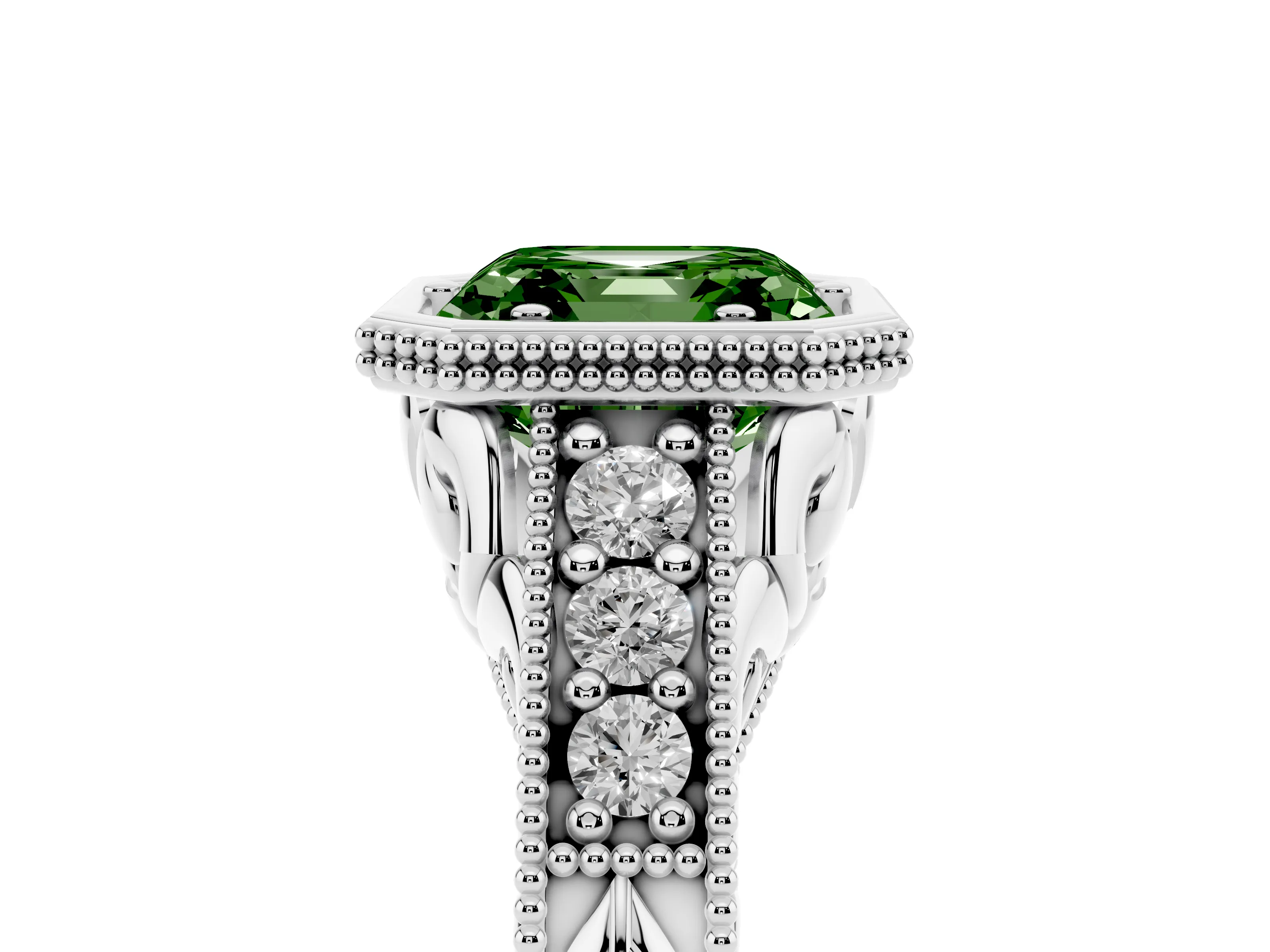 Fancy Green Bezel Set Asscher Cut Diamond Milgrain Pavé Engagement Ring Set in Silver