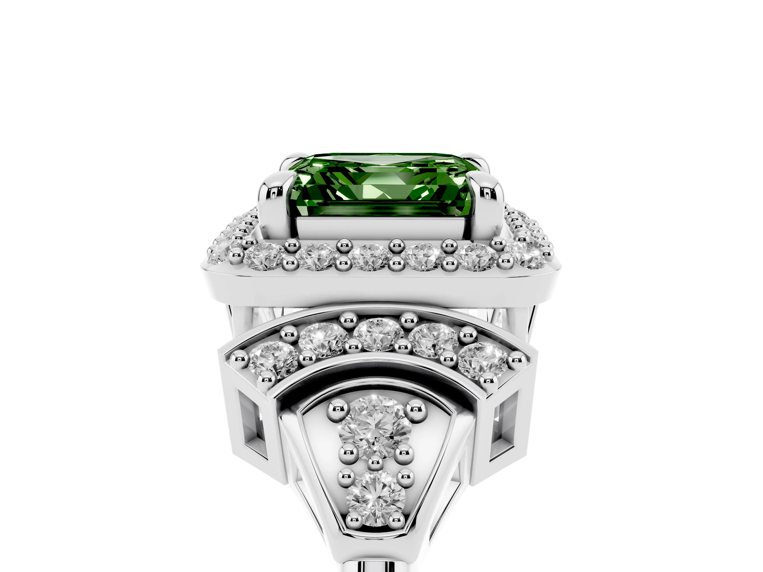 Fancy Green Asscher Cut Diamond Halo Engagement Ring Set in White gold with Accent Stone Split Shank