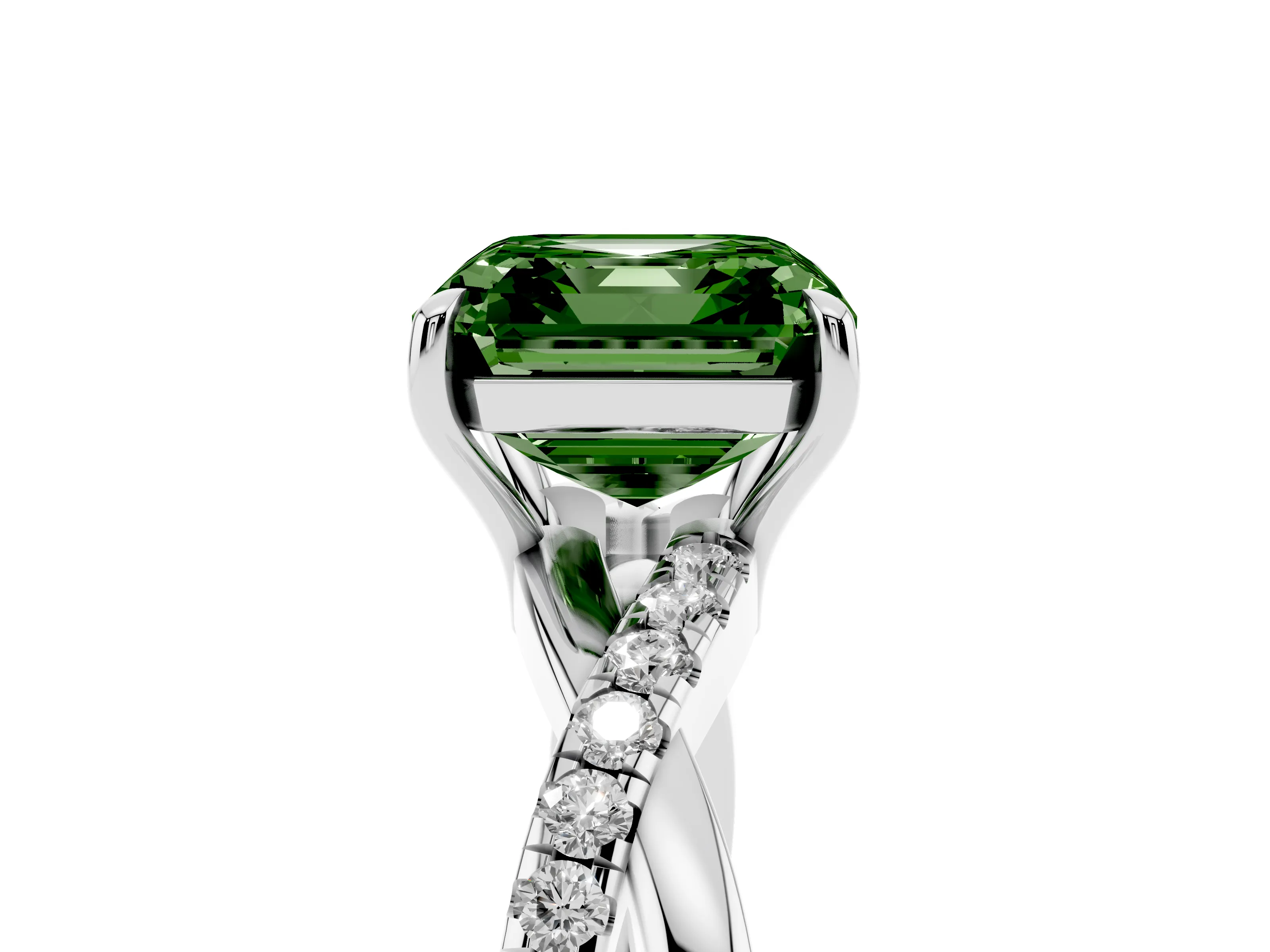 Fancy Green Asscher Cut Diamond Twisted Pavé Band Ring Set in Silver with Prong Setting
