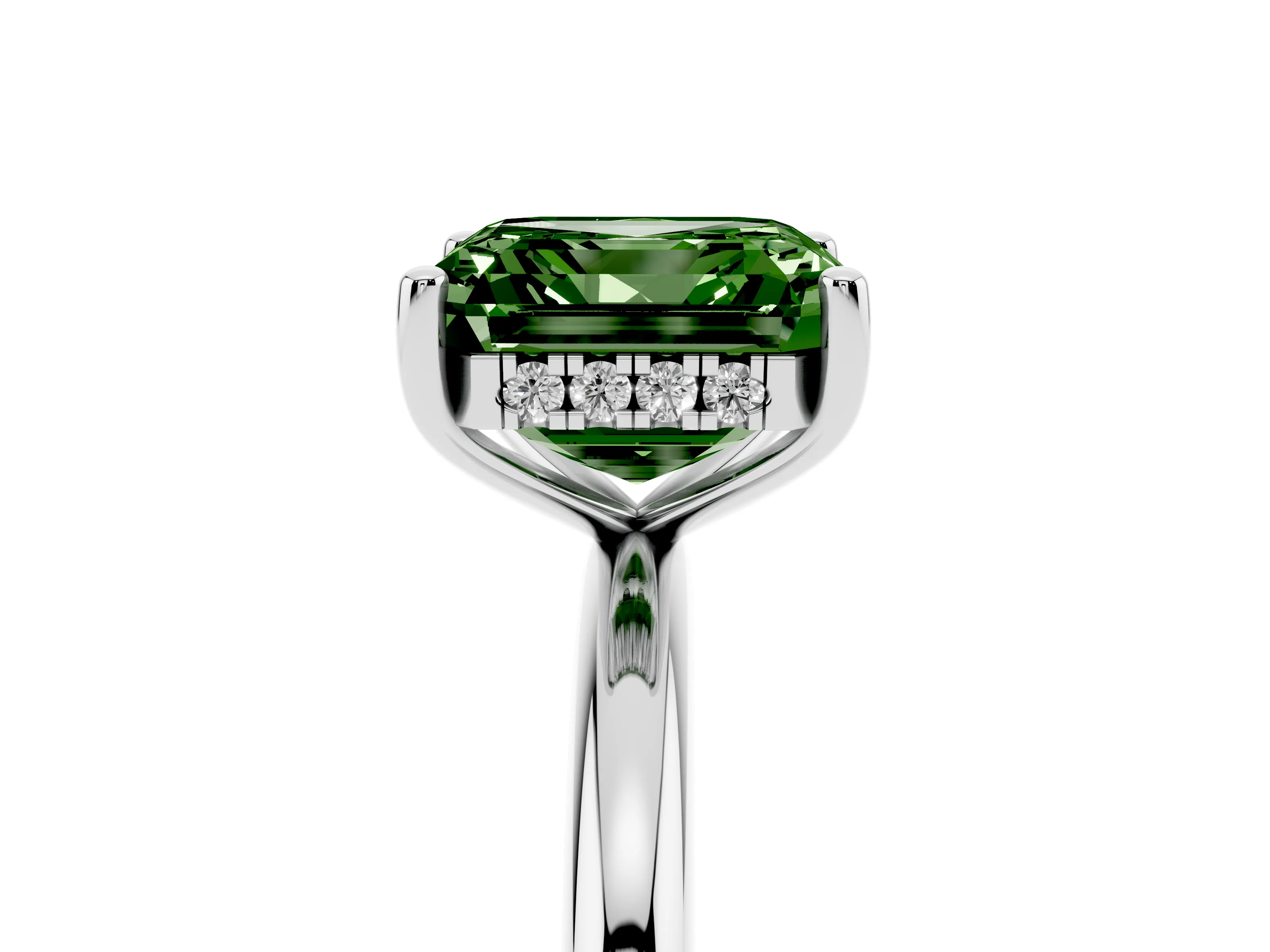Fancy Green Asscher Cut Diamond Solitaire Engagement Ring Set in Platinum with Prong Setting and Polished Band