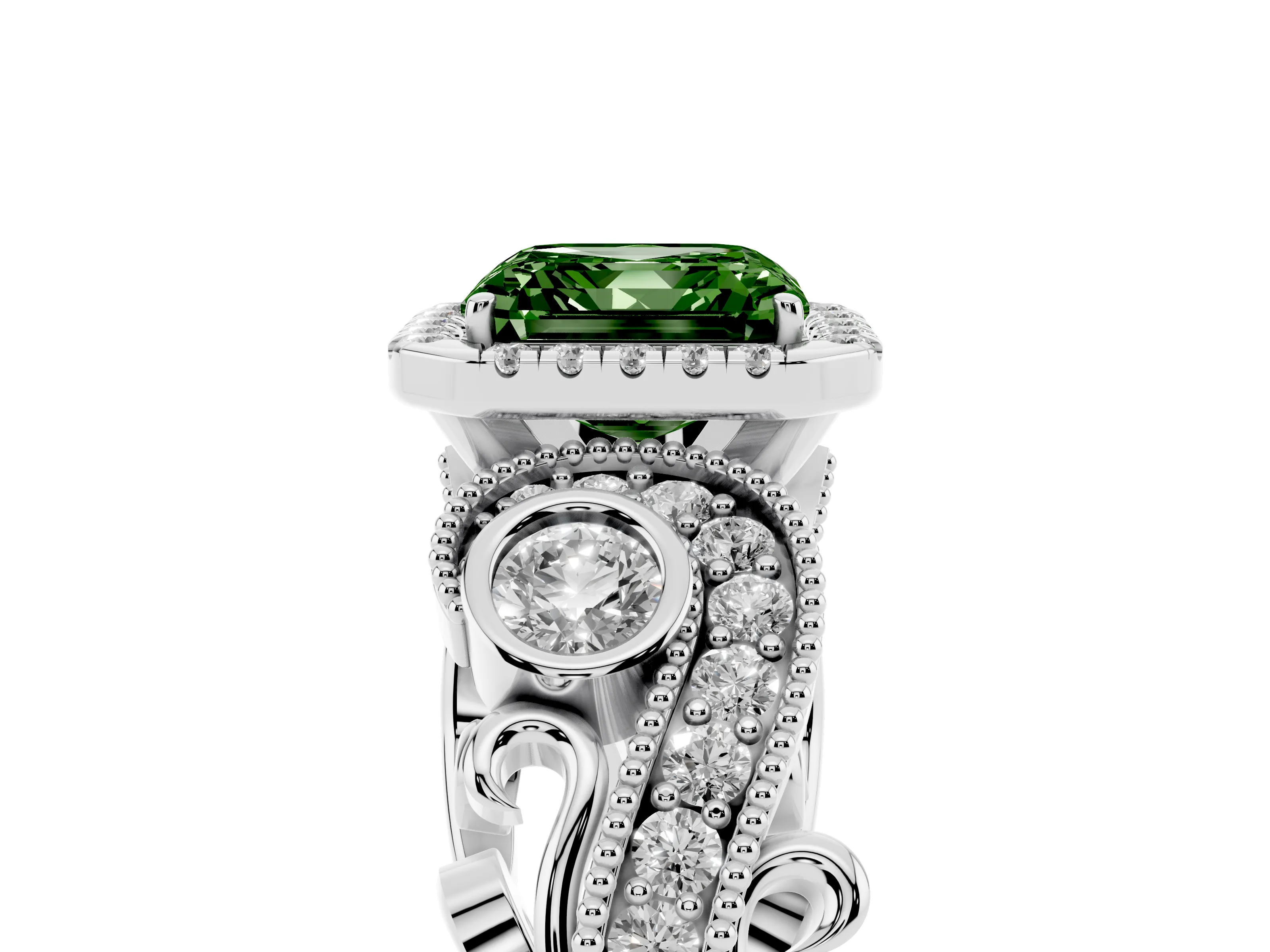 Fancy Green Asscher Cut Diamond Halo Ring Set in Platinum with Milgrain Pavé Band and Prong Setting
