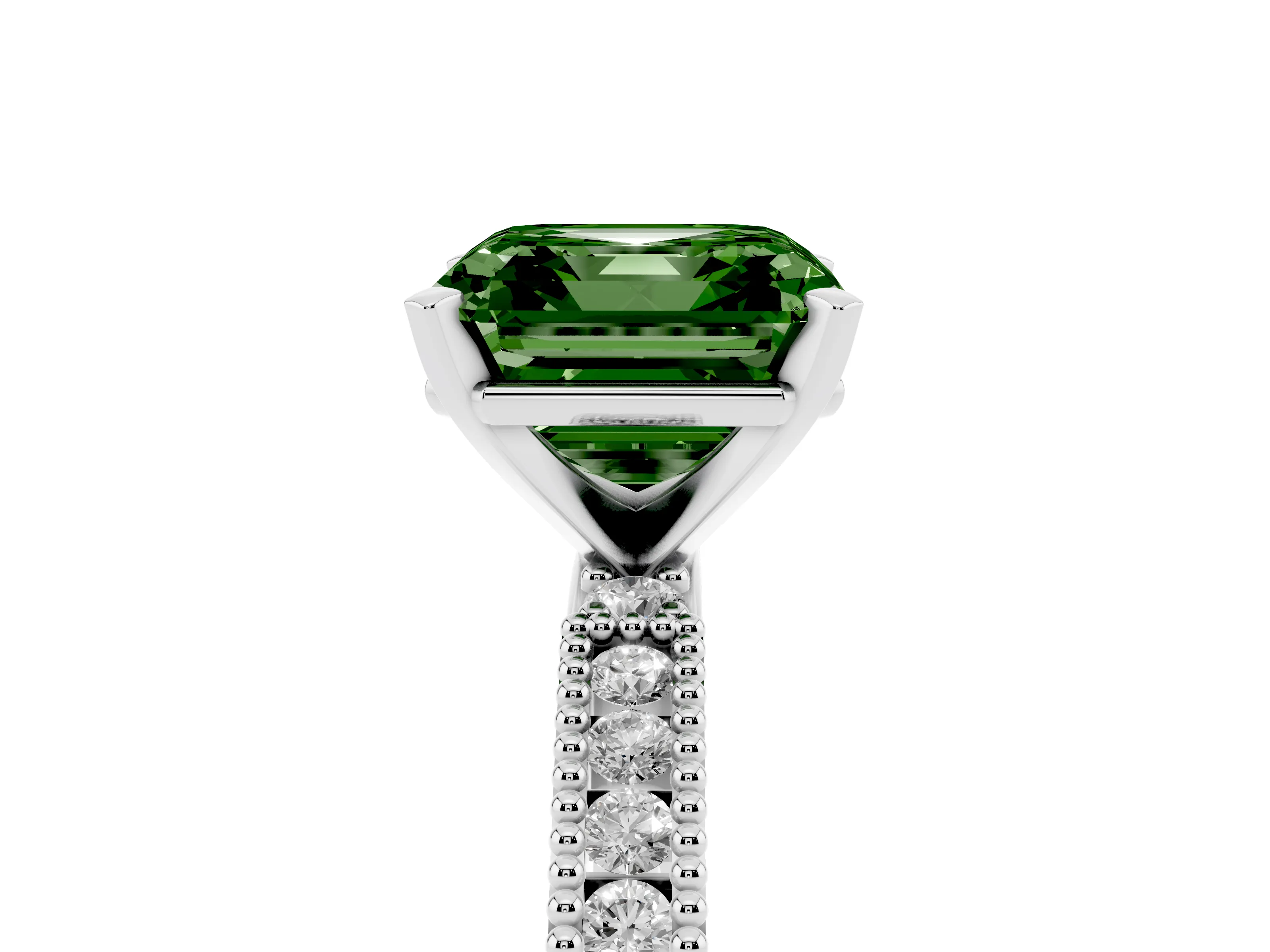 Fancy Green Asscher Cut Diamond Solitaire Ring Set in Platinum with Slim Pavé Band and Prong Setting