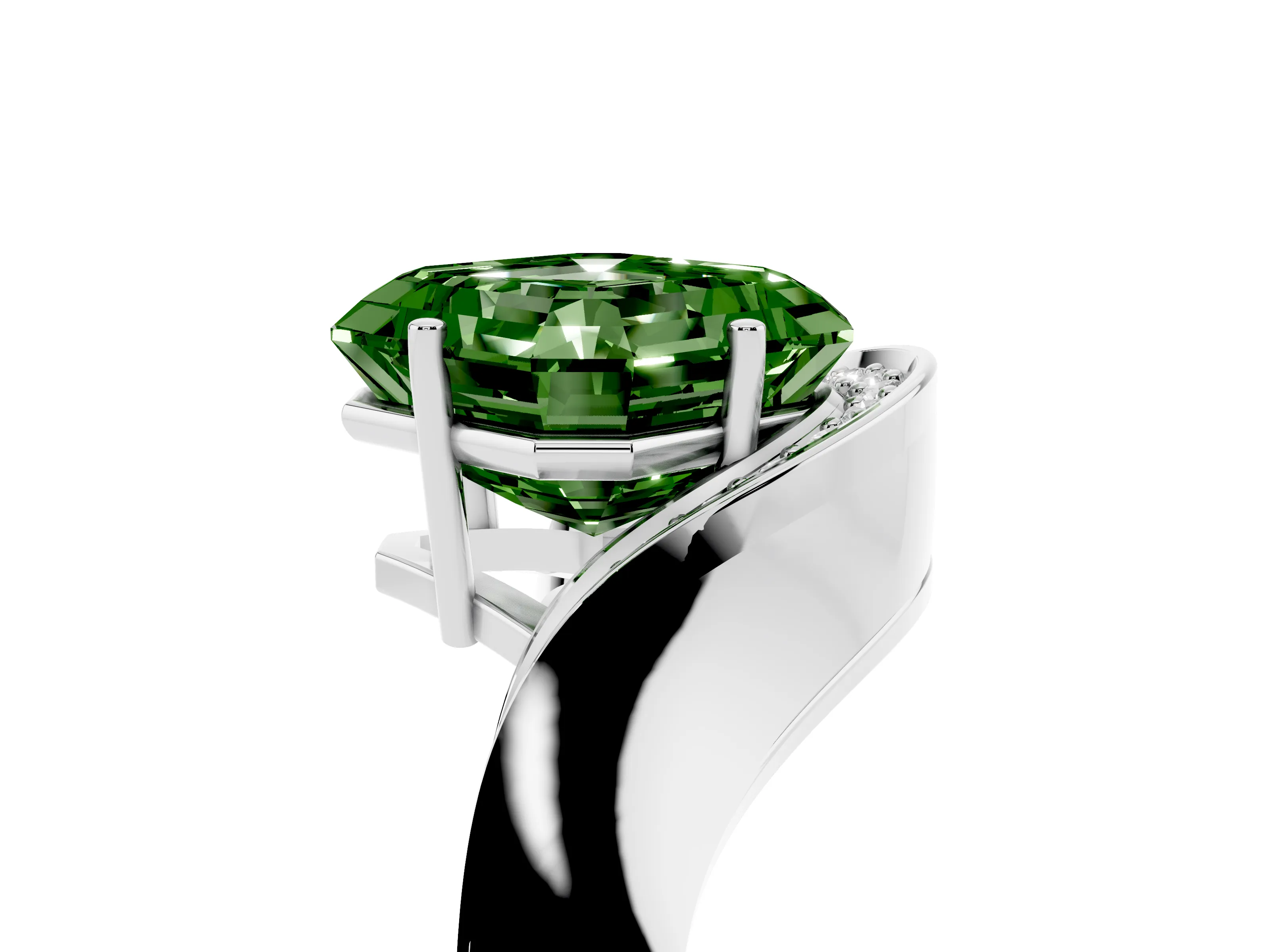 Fancy Green Asscher Cut Diamond Solitaire Engagement Ring Set in Platinum with Pavé Shoulders