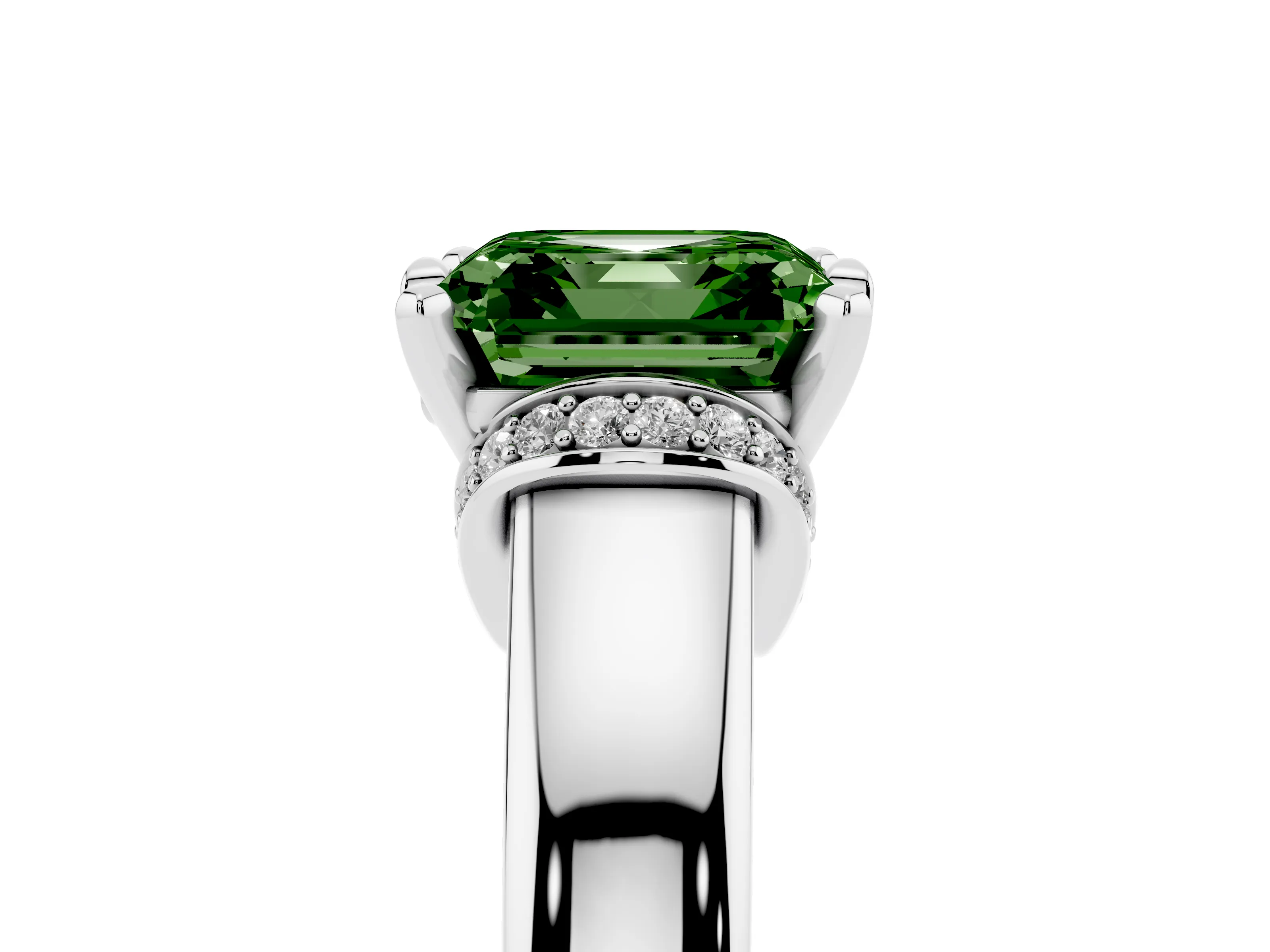 Fancy Green Asscher Cut Diamond Pavé Band Solitaire Ring Set in Silver with Prong Setting