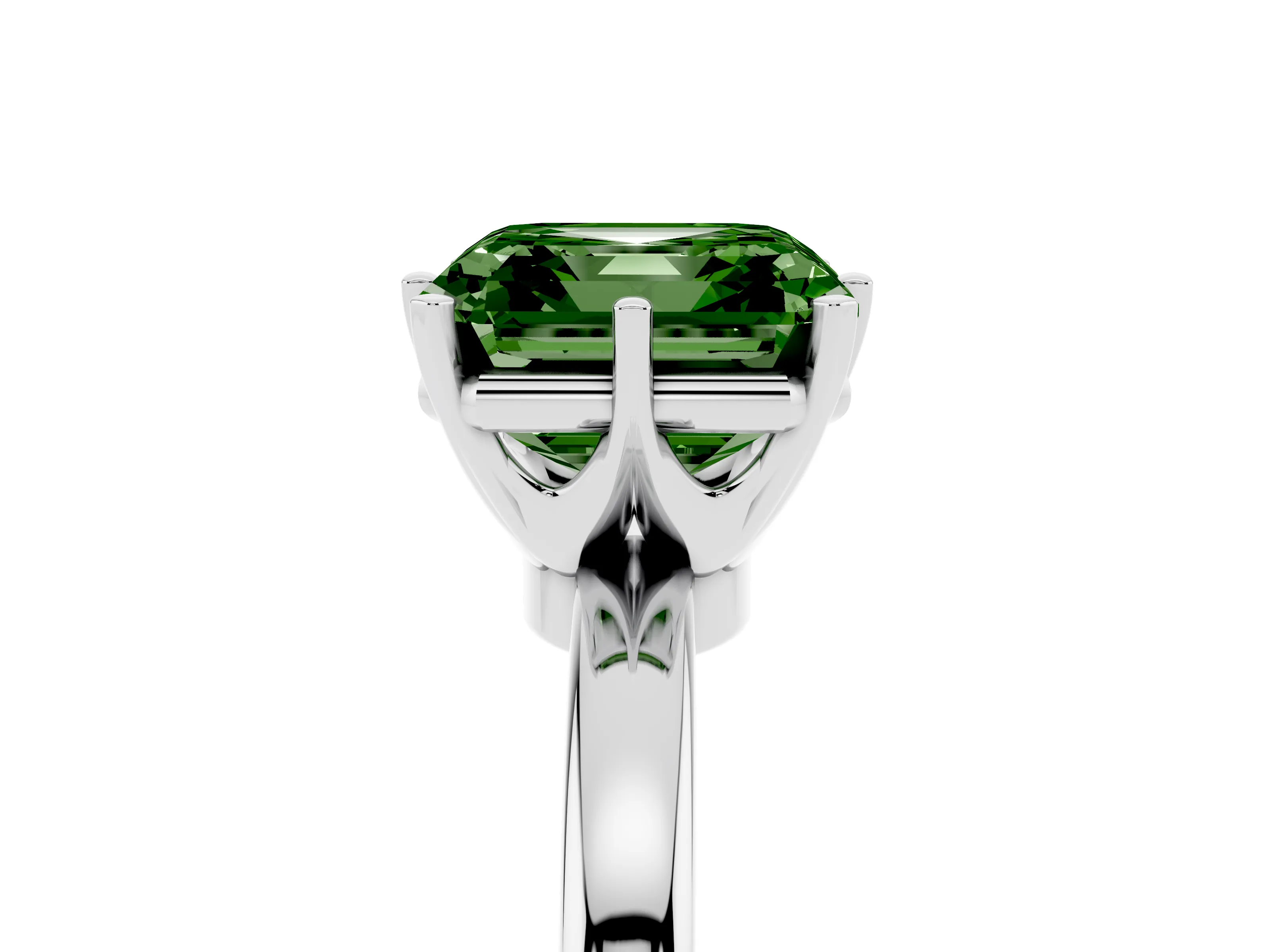 Fancy Green Asscher Cut Diamond Solitaire Ring Set in White gold with Raised Prong Setting on a Classic Band